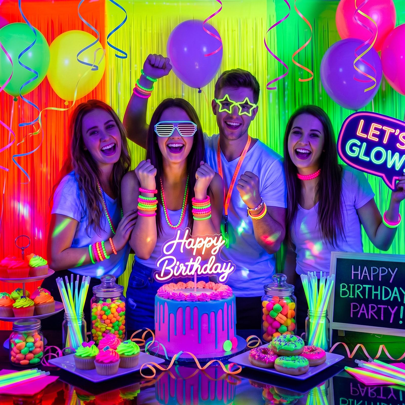 LovesTown 3 Pack Neon-Themed Fringe Curtains with 8 Balloons