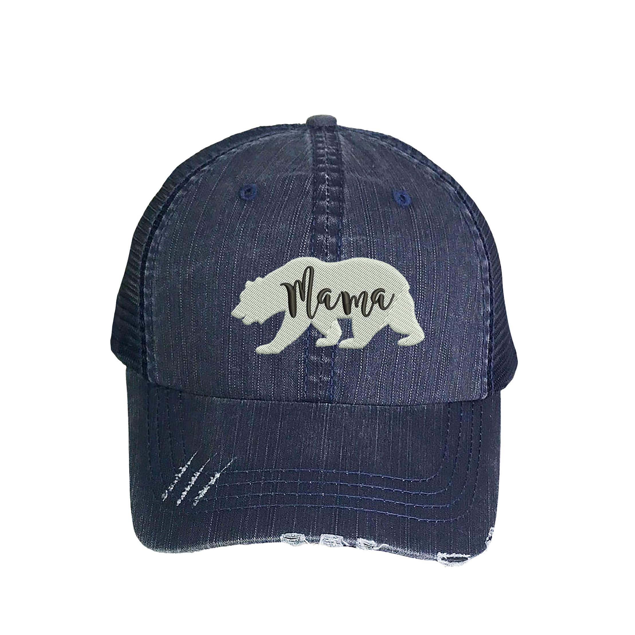 Mama Bear Distressed Trucker Hat - Embroidered Baseball Hat (Navy)