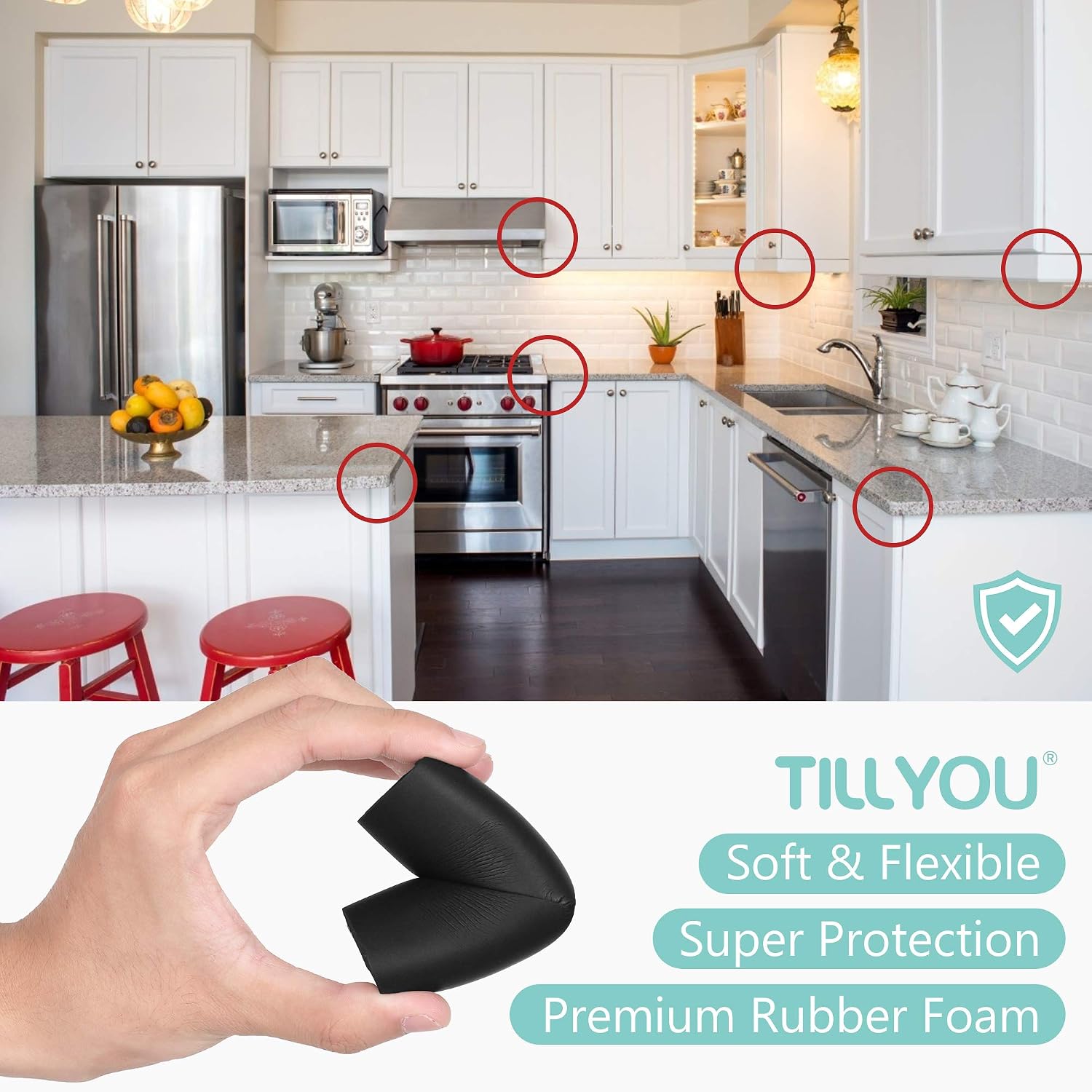 TILLYOU Corner Protector (12 Pack) Baby Proofing Edge and Corner Guards Foam, Table Safety Bumpers, Pre-Taped Furniture Corner Cushion (Black)