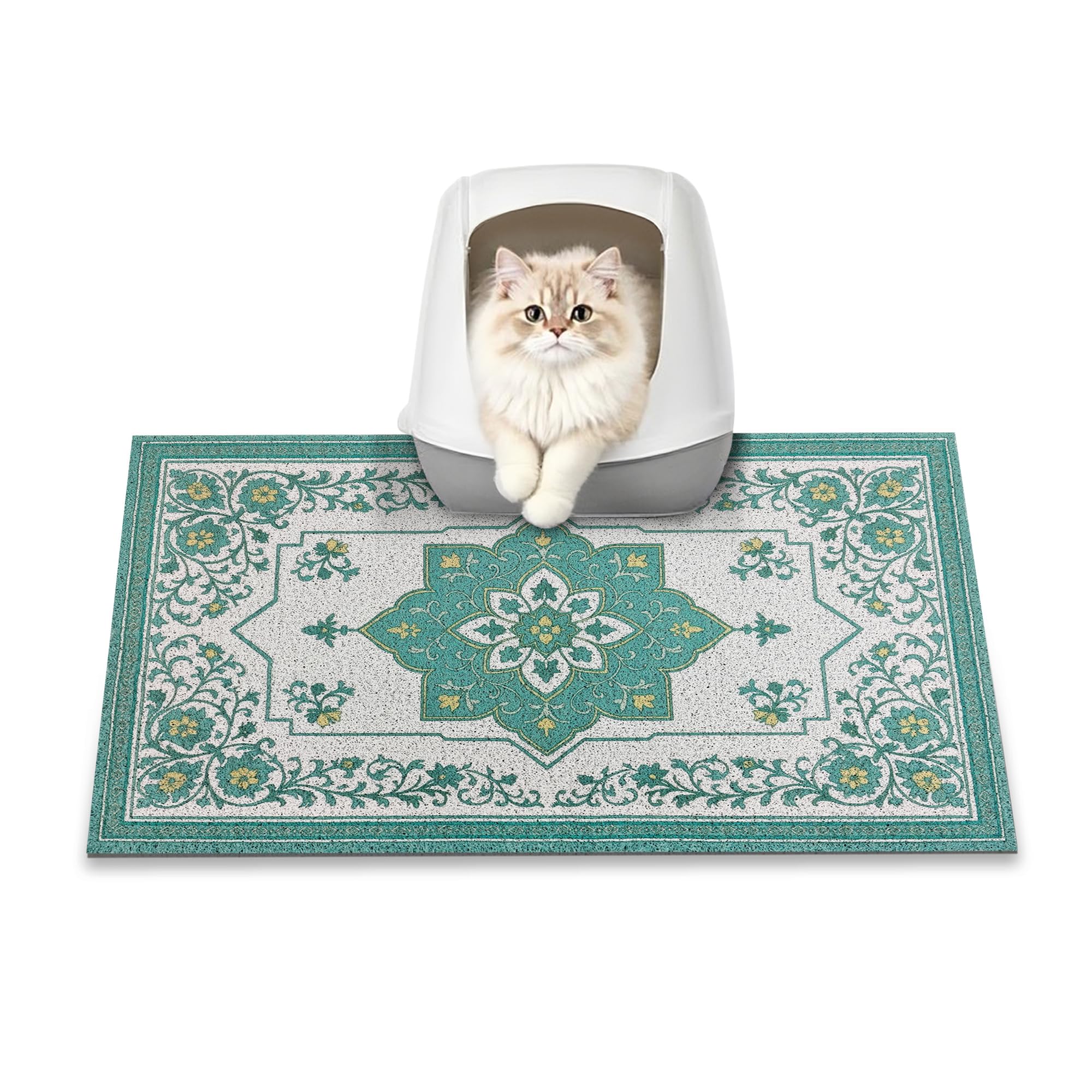 YOSEPATI Cat Litter Mat, 60 x 40cm litter box mat, Traps 100% Litter, Non-Slip kitty litter trapping mats, Small cute litter mat, Easy Clean for Scatter Control, Bohe cat food mat, Urine Waterproof