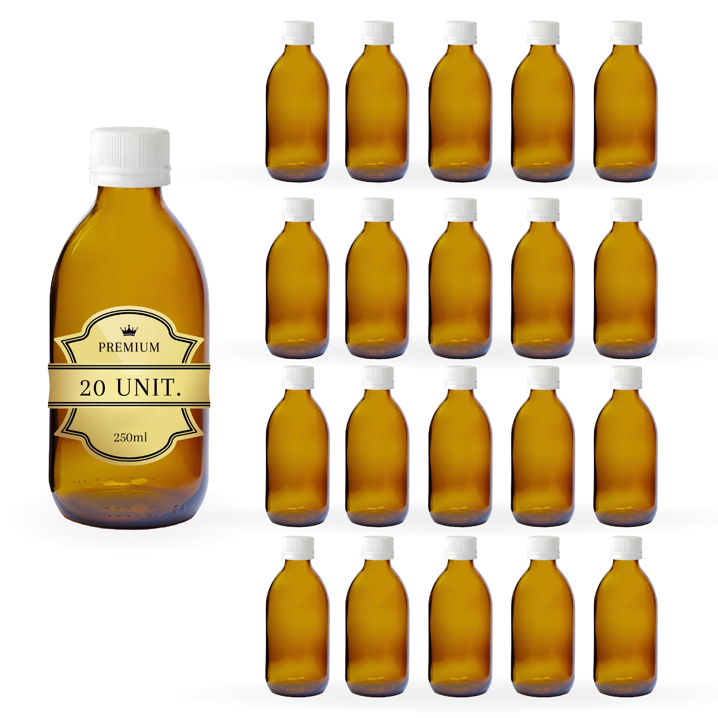 Espirito Rebelde 20 x Flacone Vuoto in Vetro Ambrato da 250 ml con Coperchio in Plastica - Flacone per Oli Essenziali, Cosmetici, Prodotti da Laboratorio, Farmaci - Aromaterapia