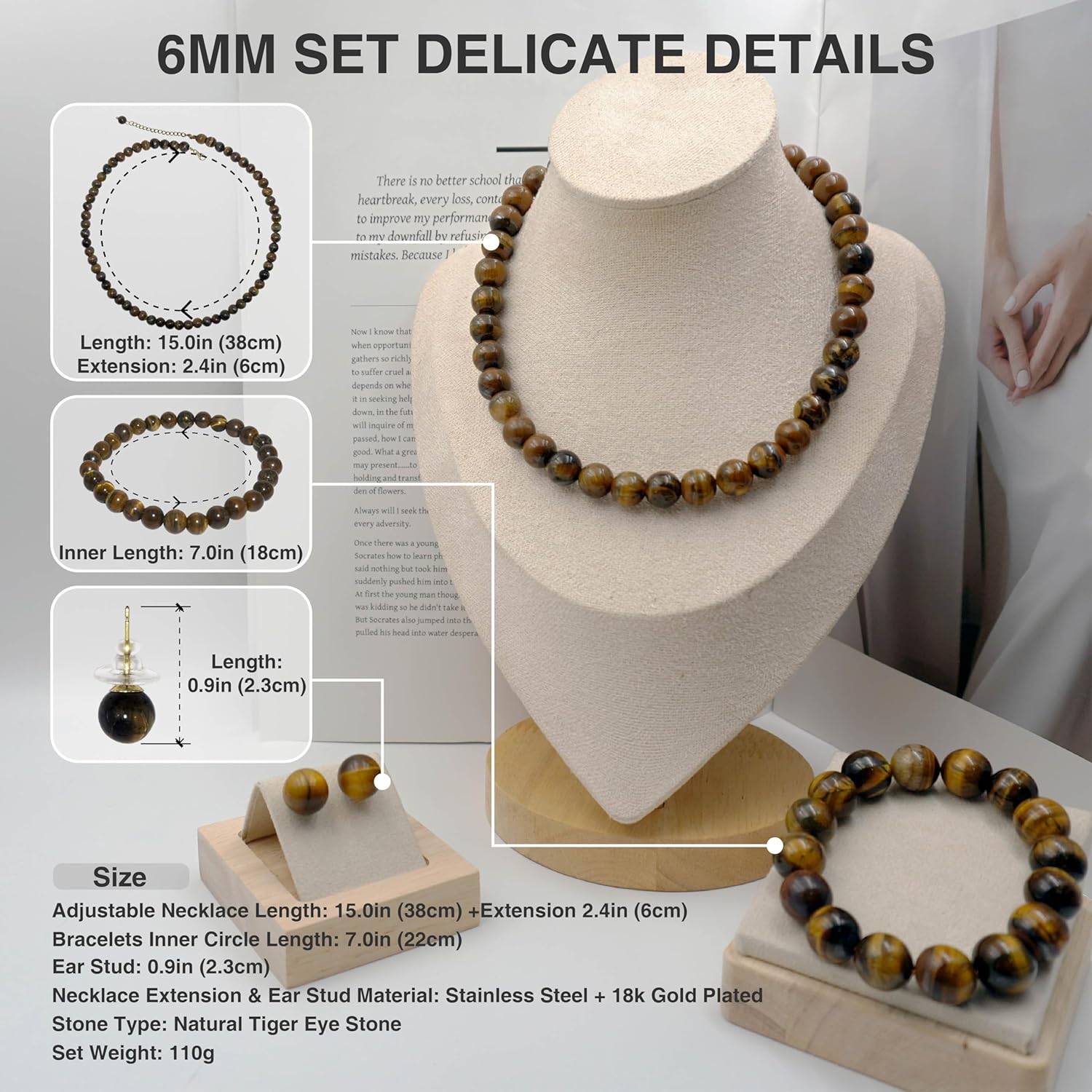 Natural Tiger Eye Jewelry Set - Bead Necklace, Bracelet & Stud Earrings, 10/8/6mm Chocolate Brown Gemstones, Inspirational Courage Gift for Women, Healing Crystal Gift Set - Image 3