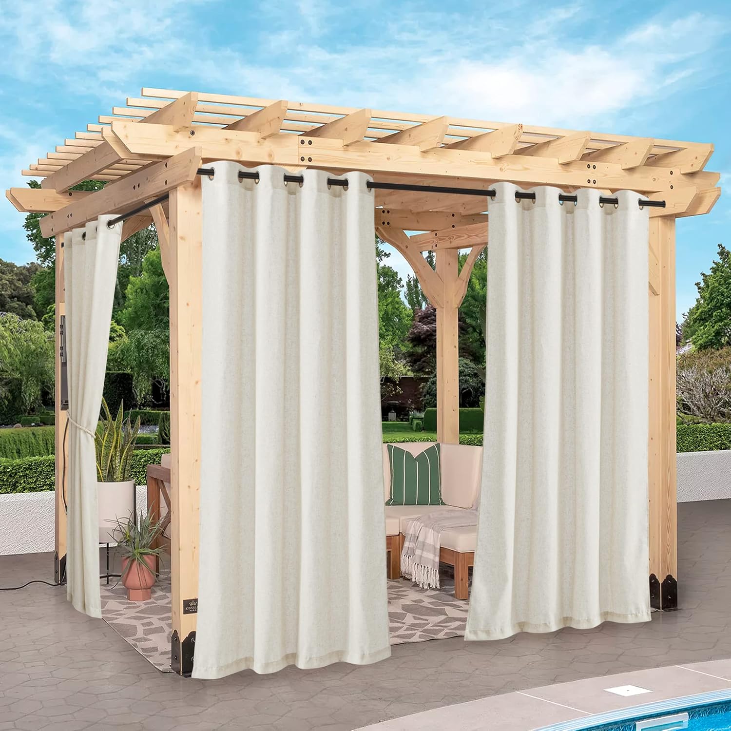 NICETOWN 2 Panels Outdoor Curtains Thick Linen Thick Linen Textured Waterproof, Grommet Privacy Allowed with Light Filtering Flax Linen Drapes for Patio/Porch, Natural, W55 x L108 Inches