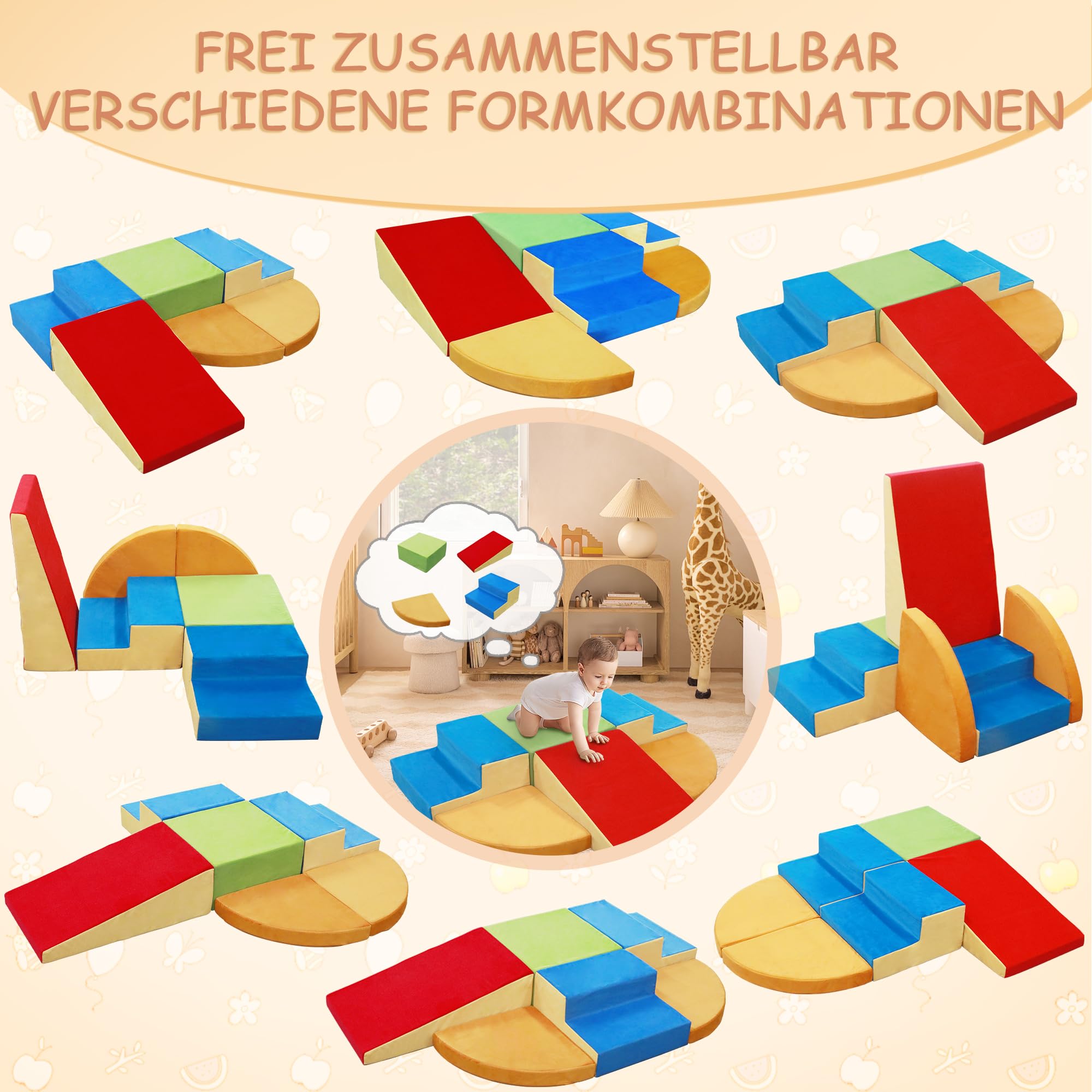 Montessori - Blocchi da costruzione in schiuma per bambini, giocattoli per bambini, custodia lavabile per divertimento al coperto, per gattonare e arrotolare, set da gioco per attività indoor