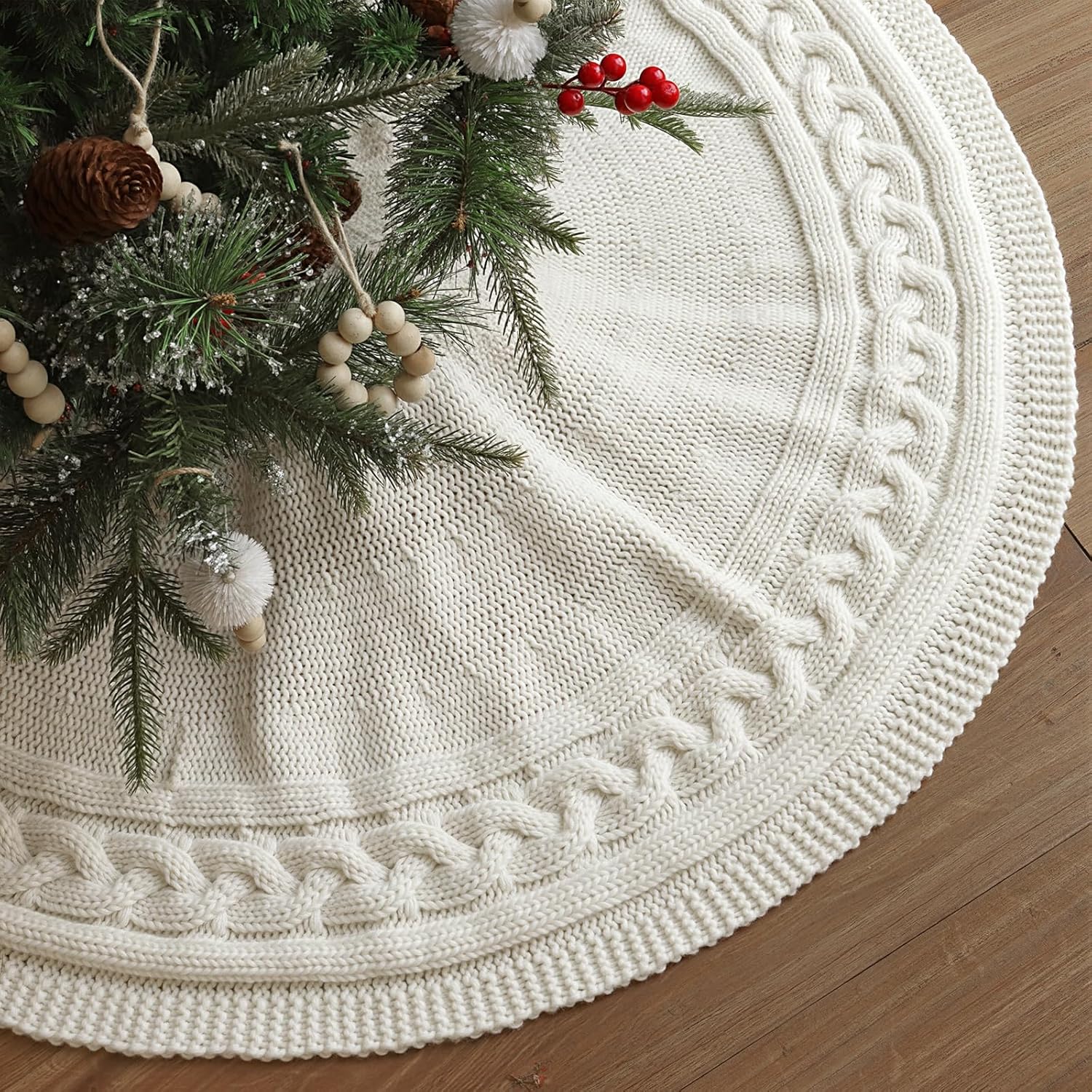 Christmas Tree Skirt 36 Inches: Braided Cable Knit Round Cream White Tree Skirt, Thick Rustic Christmas Tree Decorations Neutral Christmas Decor Christmas Tree Skirts for Xmas Home Party Supplies