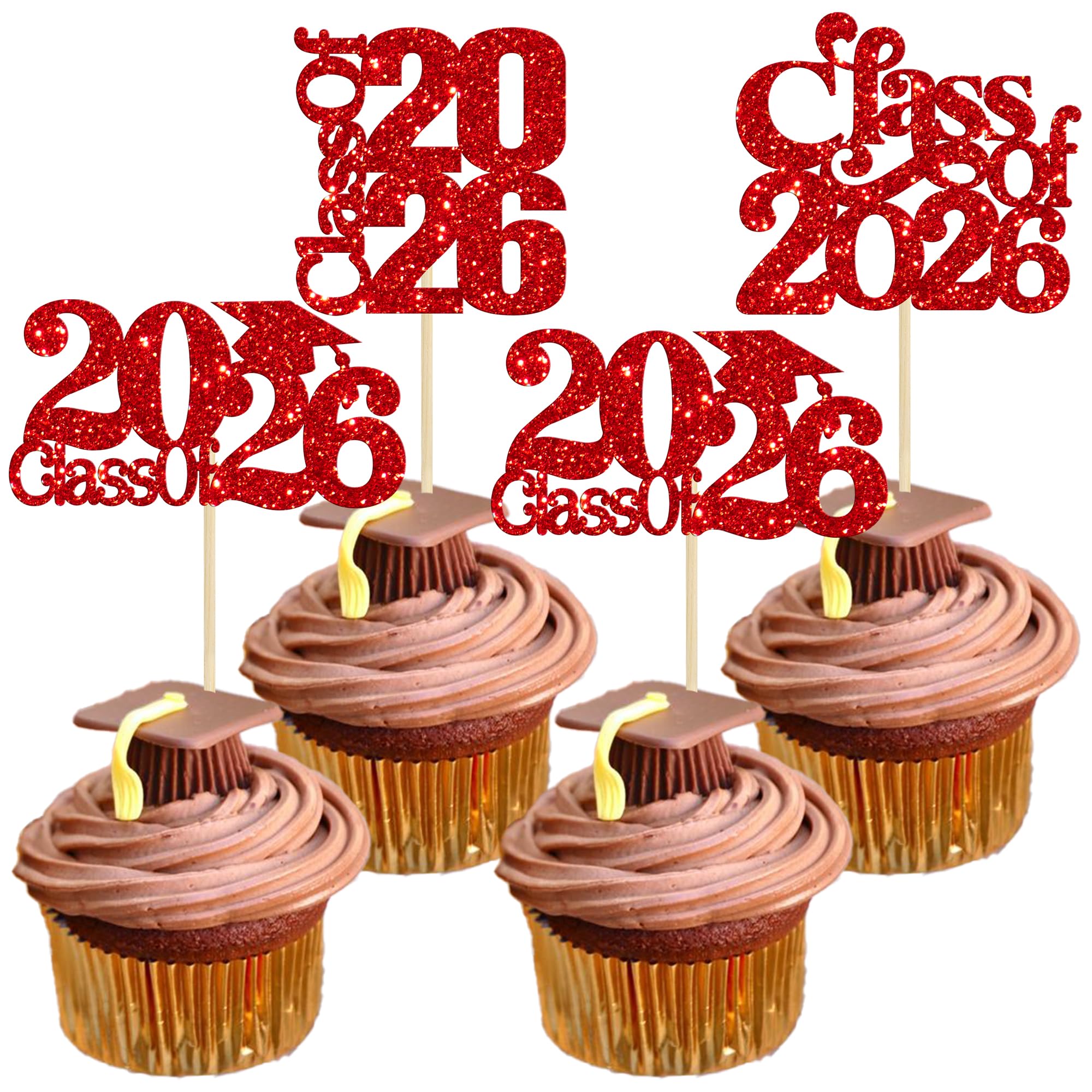 30 Pack 2026 Graduation Cap Cupcake Toppers Class of 2026 Cupcake Picks University Graduation Cake Decorations for 2026 Grad Theme Party Supplies Red