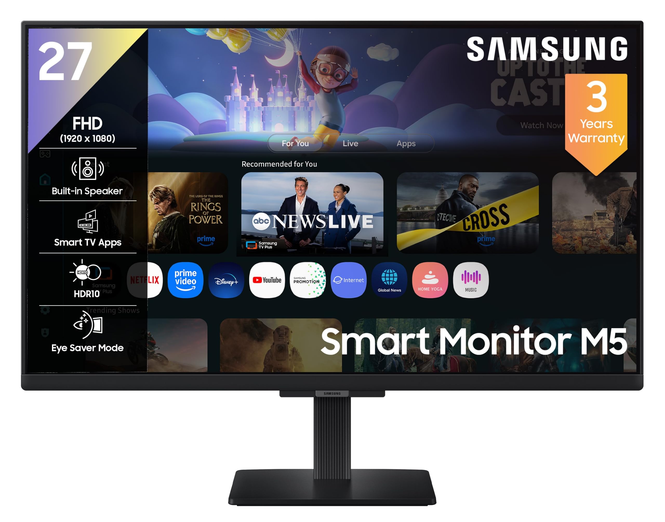 Samsung 27" M5 Smart Monitor with Smart TV Experience|FHD 1920 x 1080|Screen Mirroring|IPS Panel TV Plus|Speakers|Adaptive Sound|Wi-Fi|HDMI|Bluetooth|LS27FM500EWXXL|Black