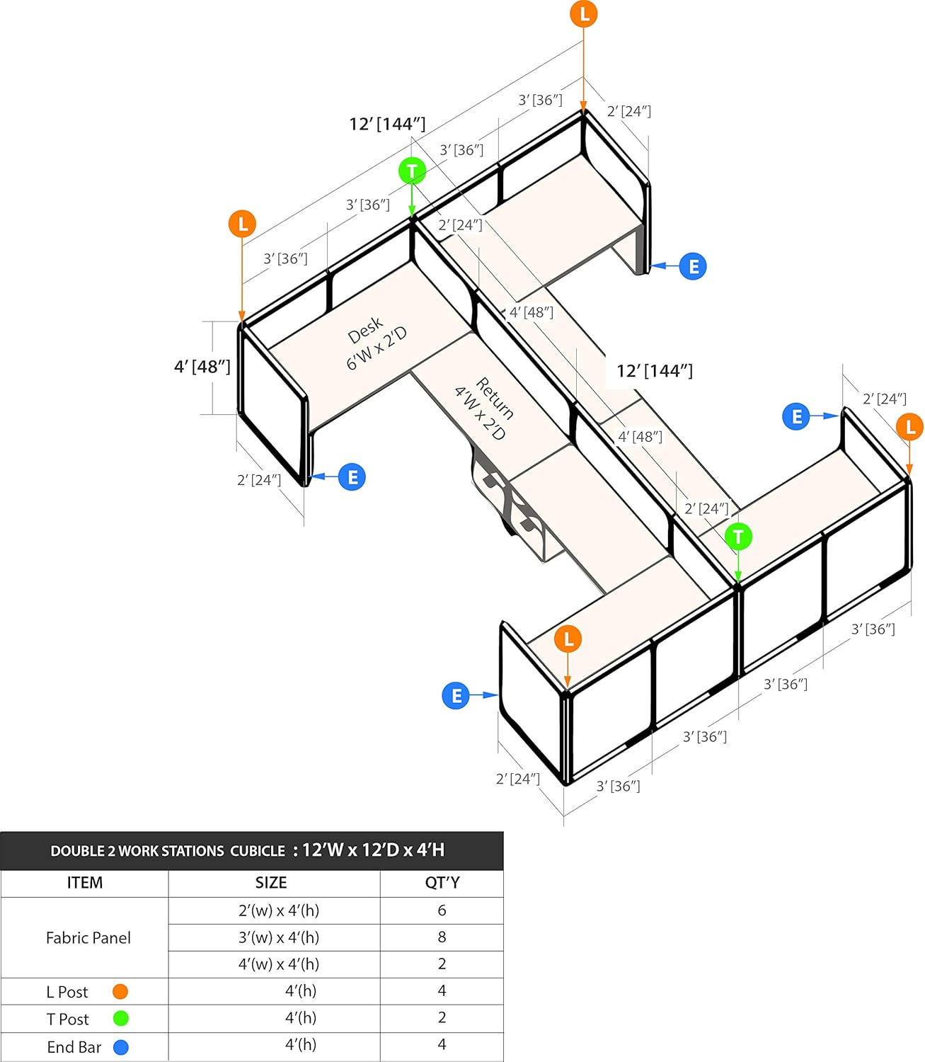 GOF Double 4 Person Workstation Cubicle (C-12'D x 12'W) / Office Partition, Room Divider (48" H Cubicle with Desk, Espresso)