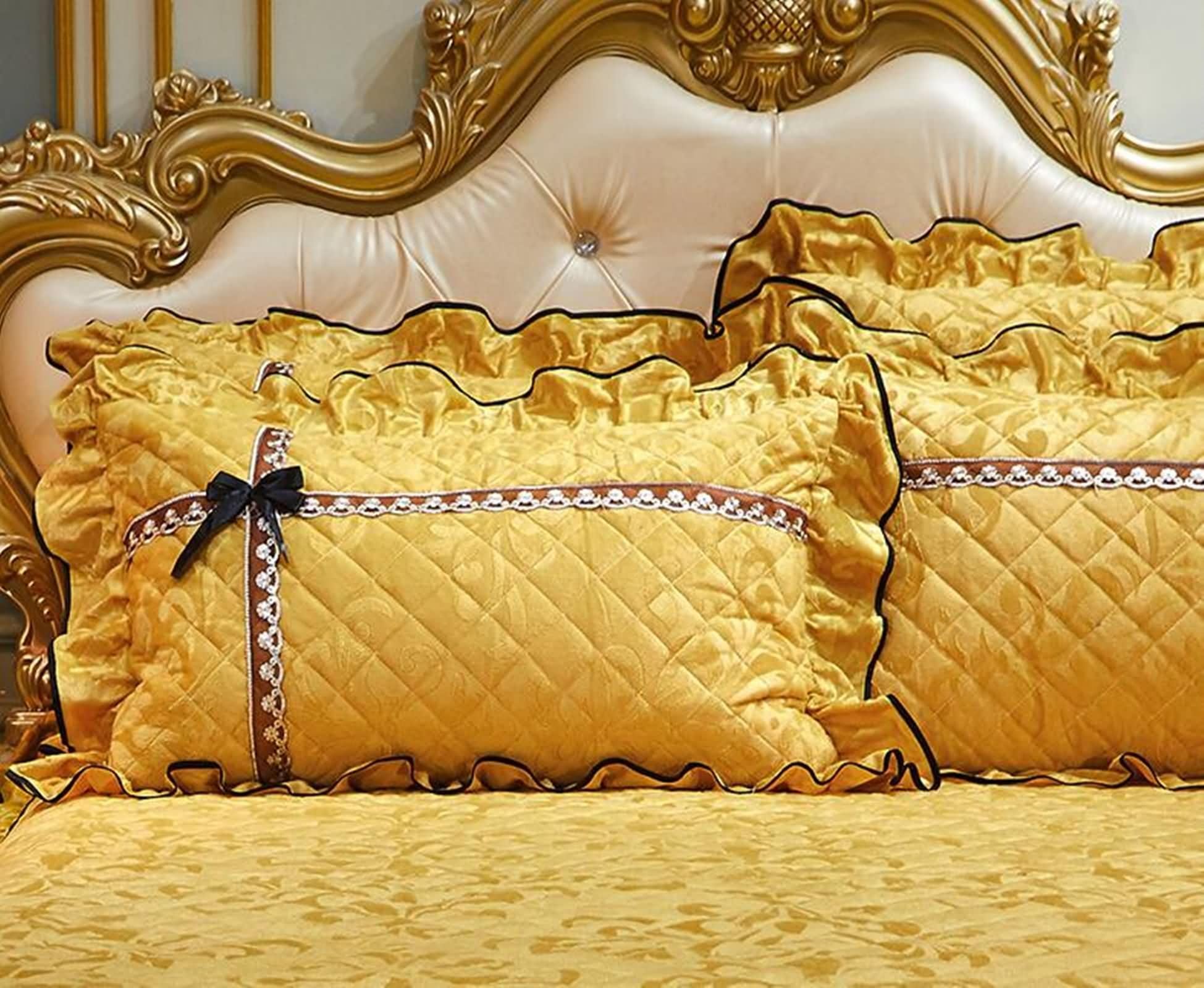 Bajera Elastica,150 x 200 CM,Colcha para Cama Matrimonio Terciopelo Patrón de Hoja con Encaje Bordado Sabanas Cama Bajeras Ajustables Amarillo