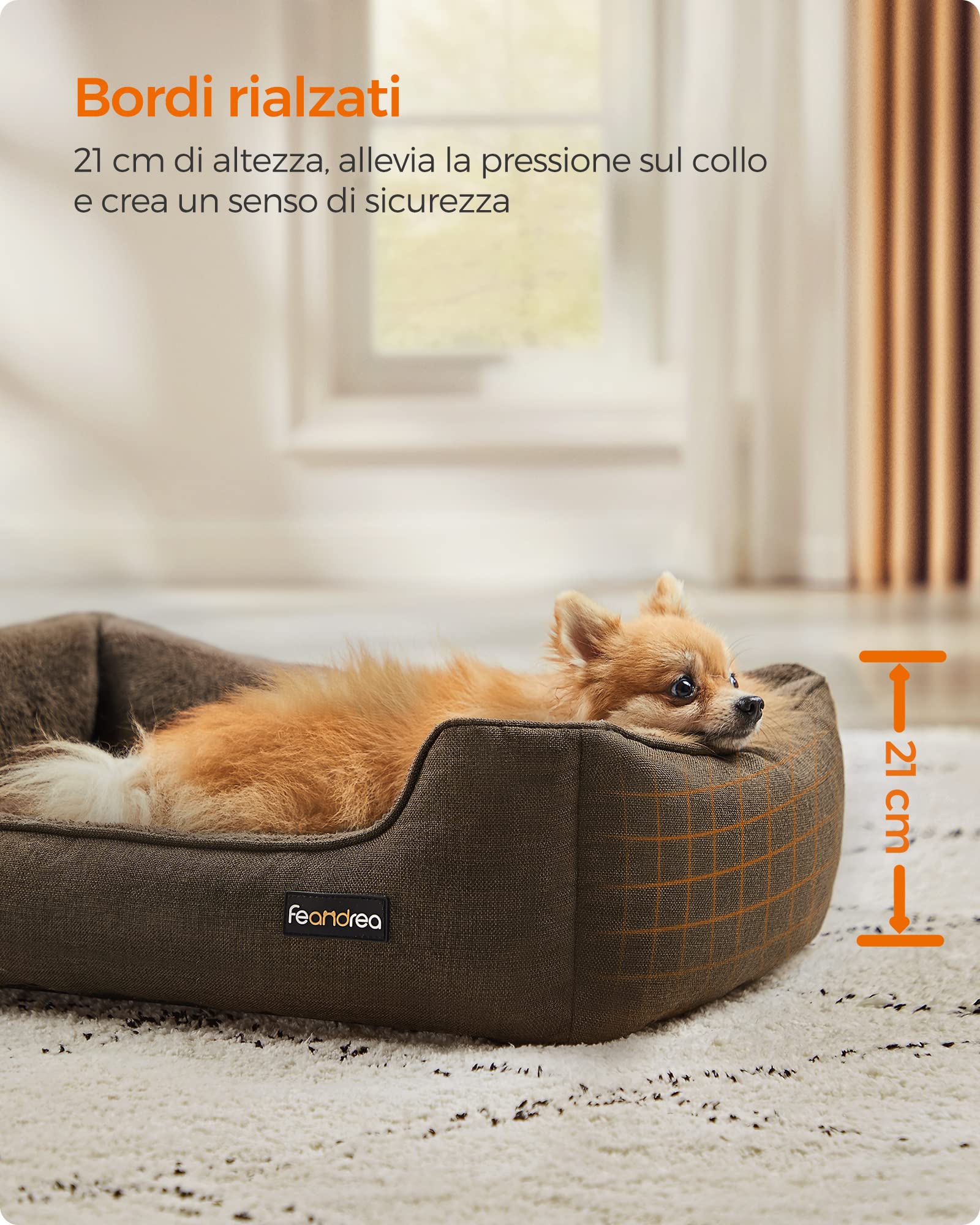 FEANDREA Cuccia per Cani, Lettino per Animali in Simil Lino, Bordi Rialzati, Fondo Antiscivolo, Copertura Sfoderabile per Lavaggio, Taglia M per Cane Piccolo, 70 x 55 x 21 cm, Marrone PGW10CC