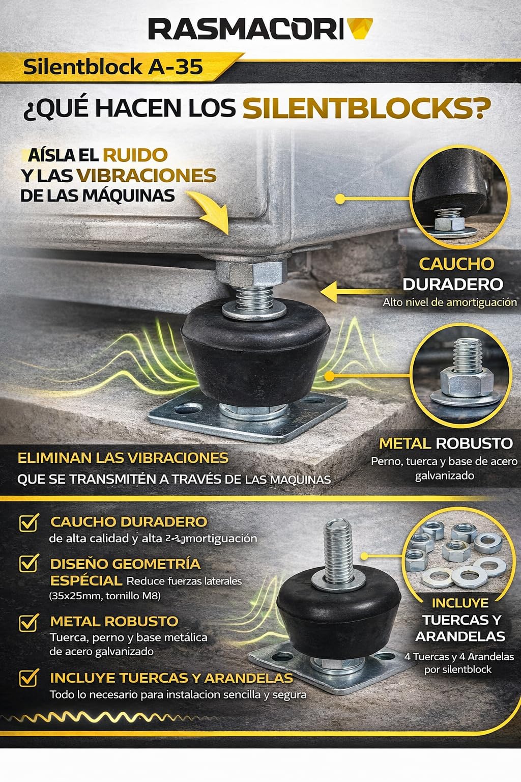 RASMACOR Silentblock A-35 M8 Soporte de Caucho Goma para aislamiento de vibraciones