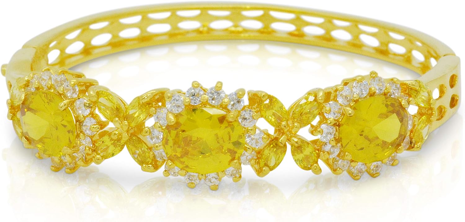 24K Yellow Gold Plated GP Cubic Zirconia Cz Flower Thai Jewelry Bracelet Cuff Bangle 5 Mm 2.25 Inches Yellow