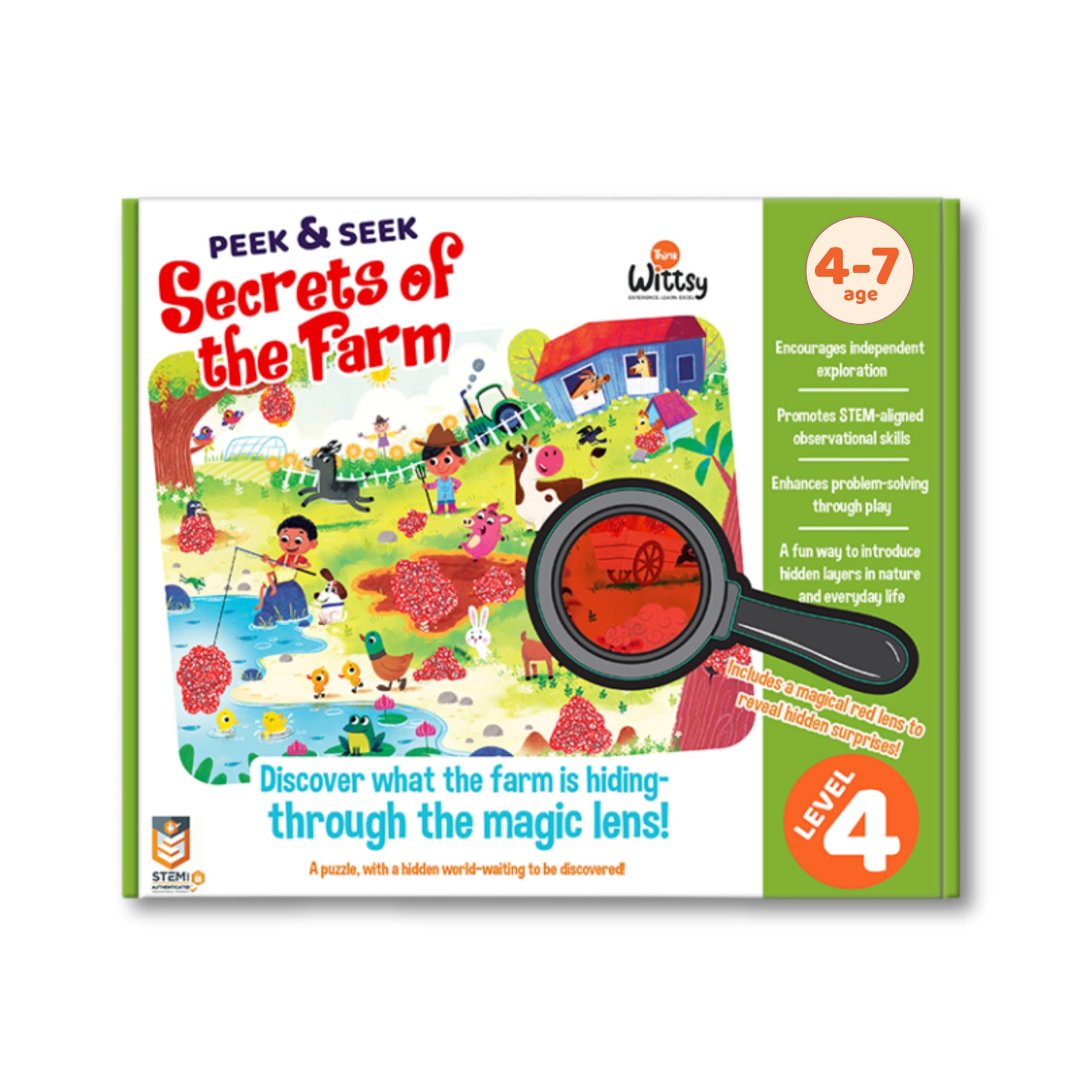 Peek & Seek: Secrets of the Farm 48-Piece Jigsaw Puzzle with Magic Lens to Reveal Hidden Objects | Kids Ages 4-7 Years | Educational STEM Toy | Birthday and Return Gift for Boys & Girls-image-20