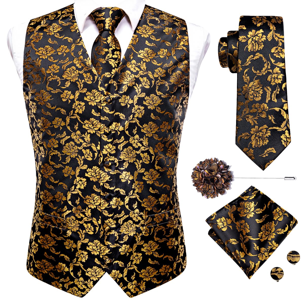 Hi-Tie Mens Silk Suit Vest Jacquard 5PCS Necktie Pocket Square Cufflinks Lapel Pin Formal Wedding Tuxedo