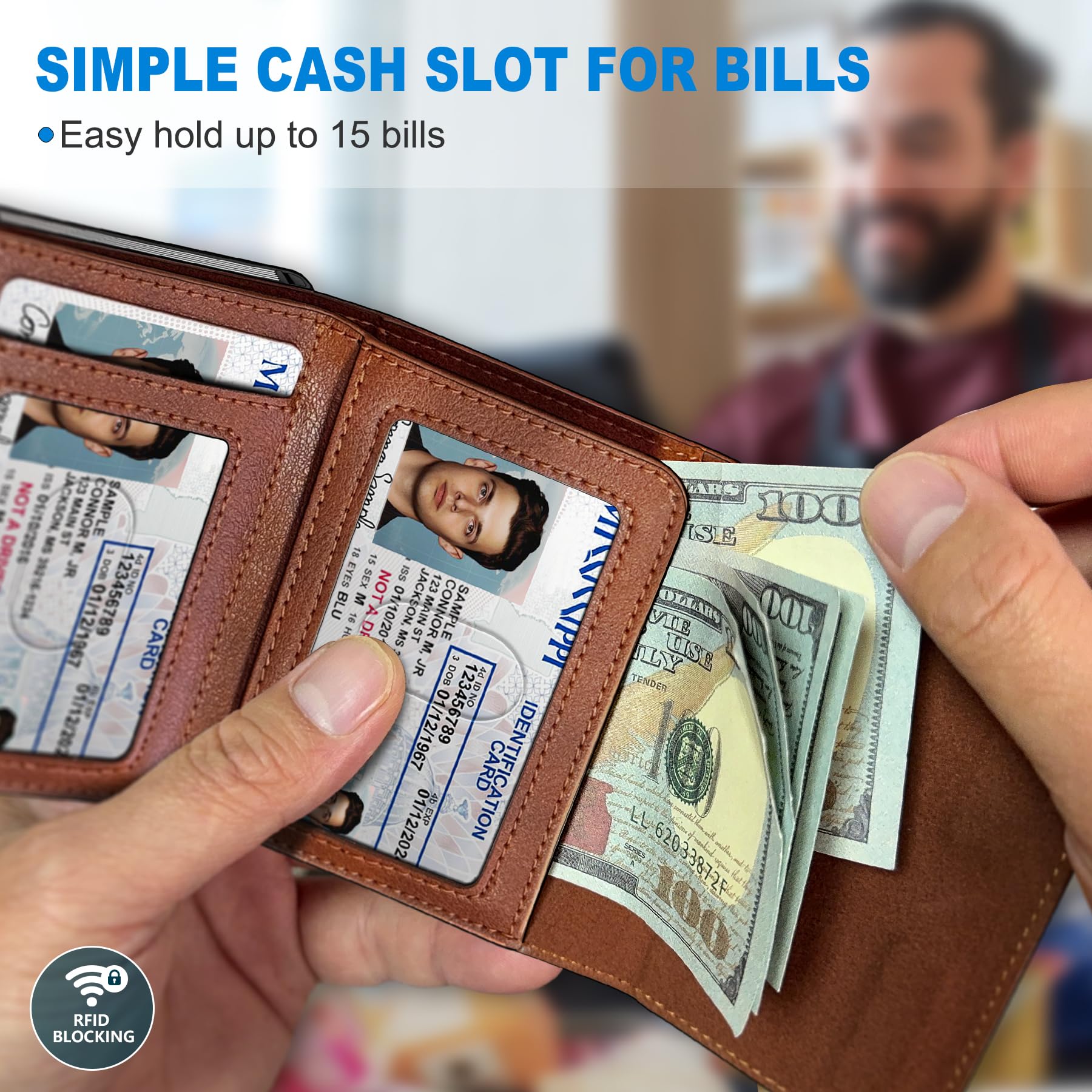 Wallet for Men,with Cash Pocket 2 ID Window 9-13 Cards,Metal Case Smart Slim Pop Up Credit Card Holder Flip with Magnetic Closure RFID Blocking Trifold wallet with Gift Box