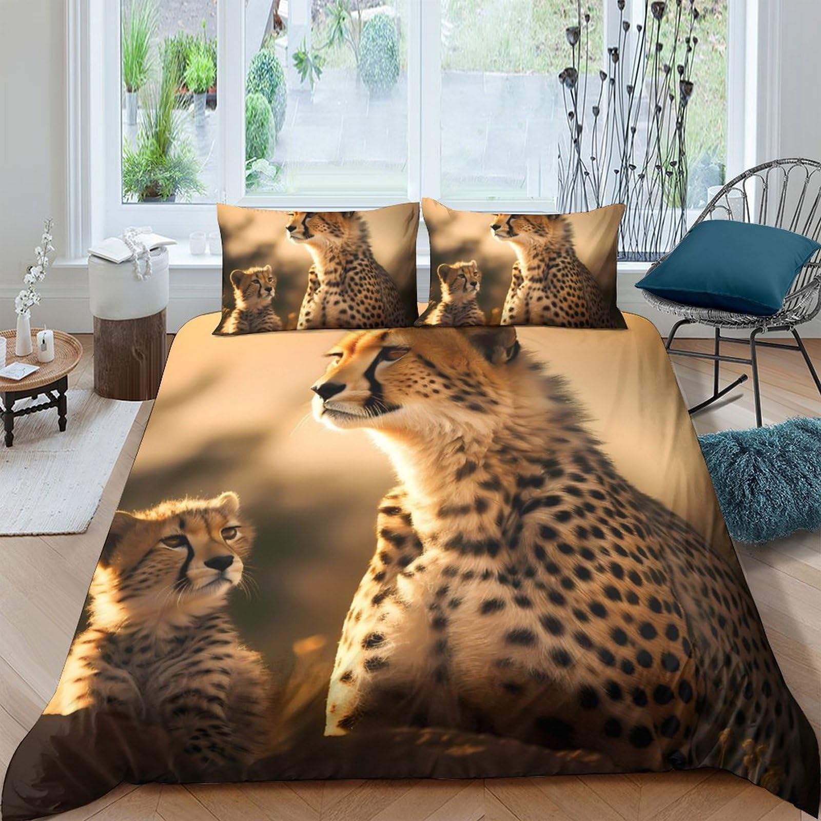 Ctjqhvkz Style-1 3D Printed Cheetah Family Fitted Sheet Microfiber Soft Animal Bed Cover Anti-Slip For Bedroom Dorm Easy Care Single（135X200cm）