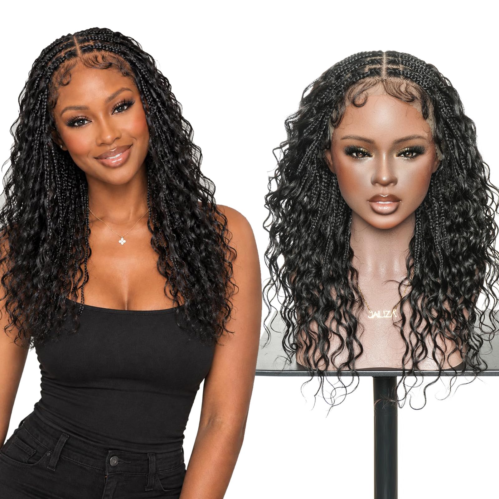 JALIZA 18'' Hand-Tied Full Lace Boho Braided Wig - Salon-Level Human Hair Boho Curls & Synthetic Braids, Invisible Drawstring, Human Hair Baby Hair, Natural Sca
