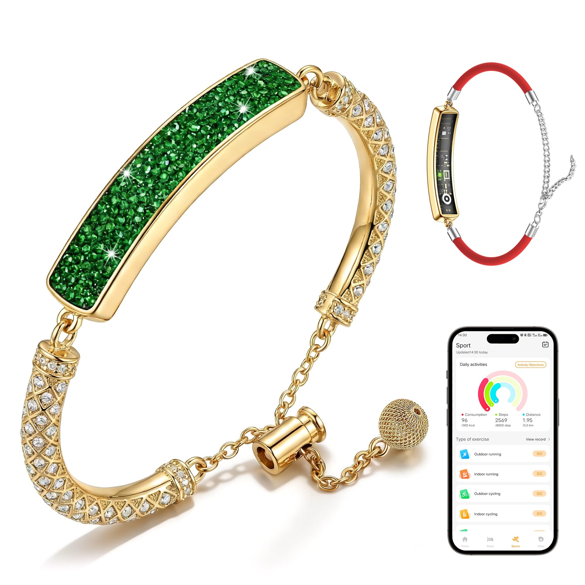 2-in-1 Crystal-Inlaid Smart Bracelet for Women, Jewelry Fitness Tracker with Heart Rate, Sleep &amp; Cycle Tracking, IP68 Waterproof, Interchangeable Bands