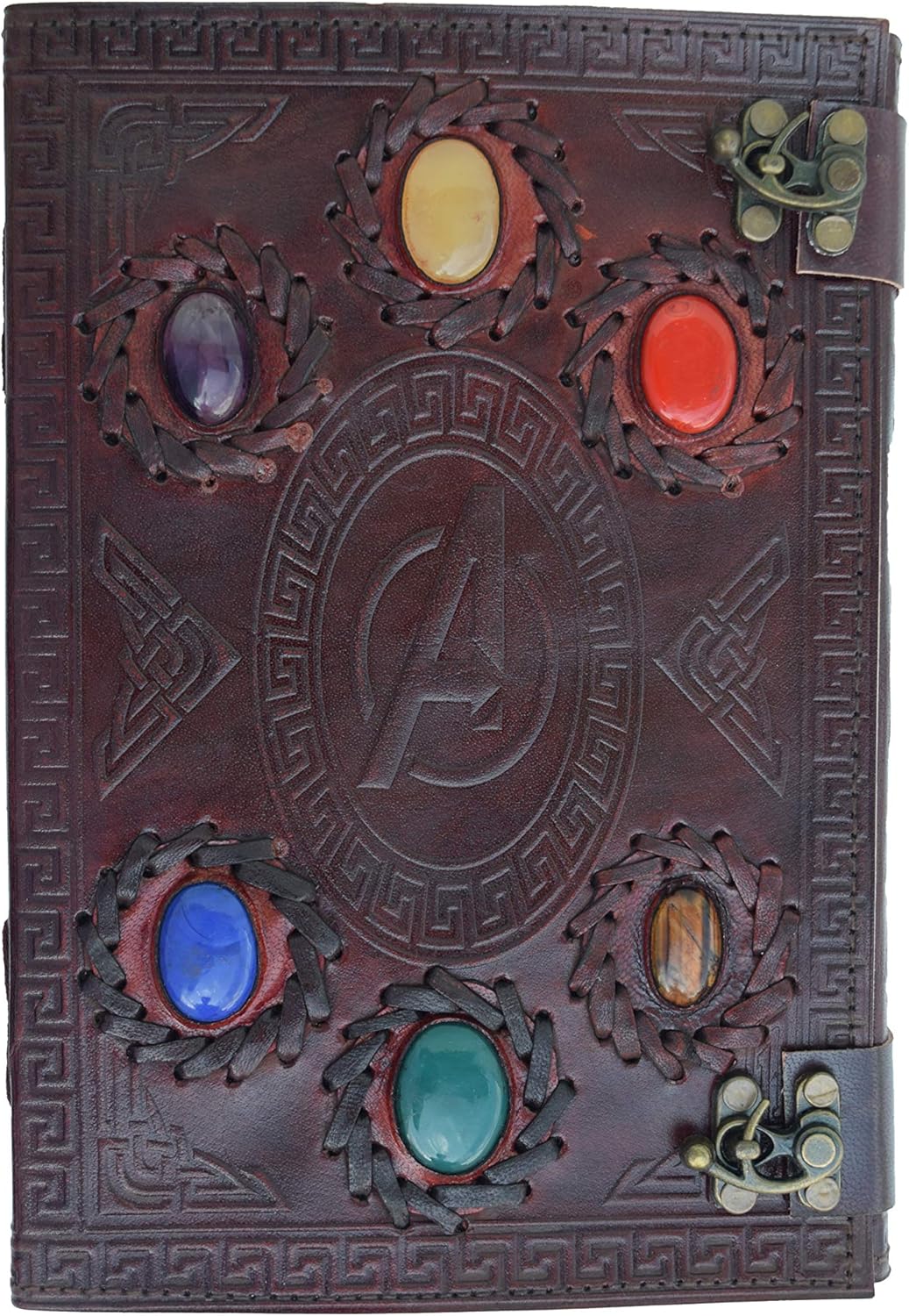 Avengers embossed 10 inches Handmade Leather Journal With Stones/Art Sketchbook & Travel diary with Vintage lock Latch