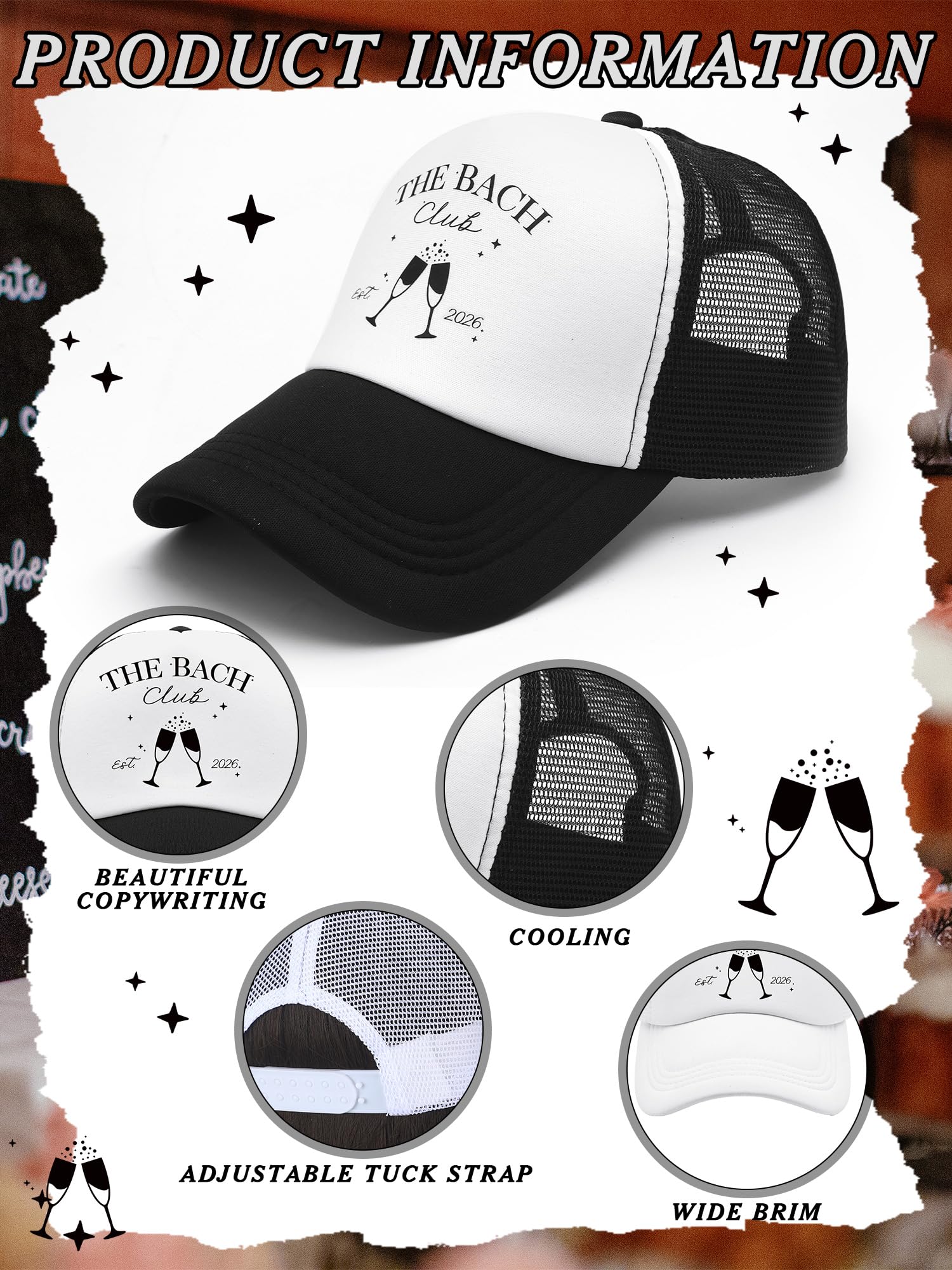 Shyyween El paquete de 8 gorras para despedida de soltero incluye 7 sombreros de camionero del club de Bach, 1 paquete de gorra de novia del club de la novia, propuesta de gorra de playa, despedida de