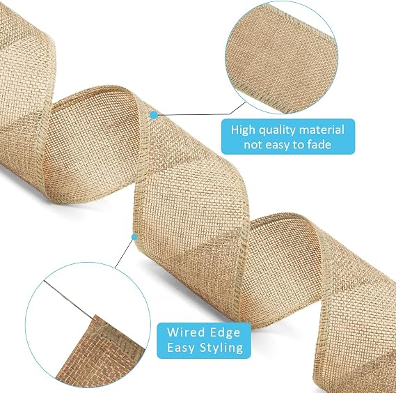 LaRibbons Burlap Wired Ribbon, 2.5 Inch x 12 Yards Natural Burlap Fabric Ribbon for Spring Easter Crafts, Wreath, Bows, Gift Wrapping, Tree, Outdoor Decoration