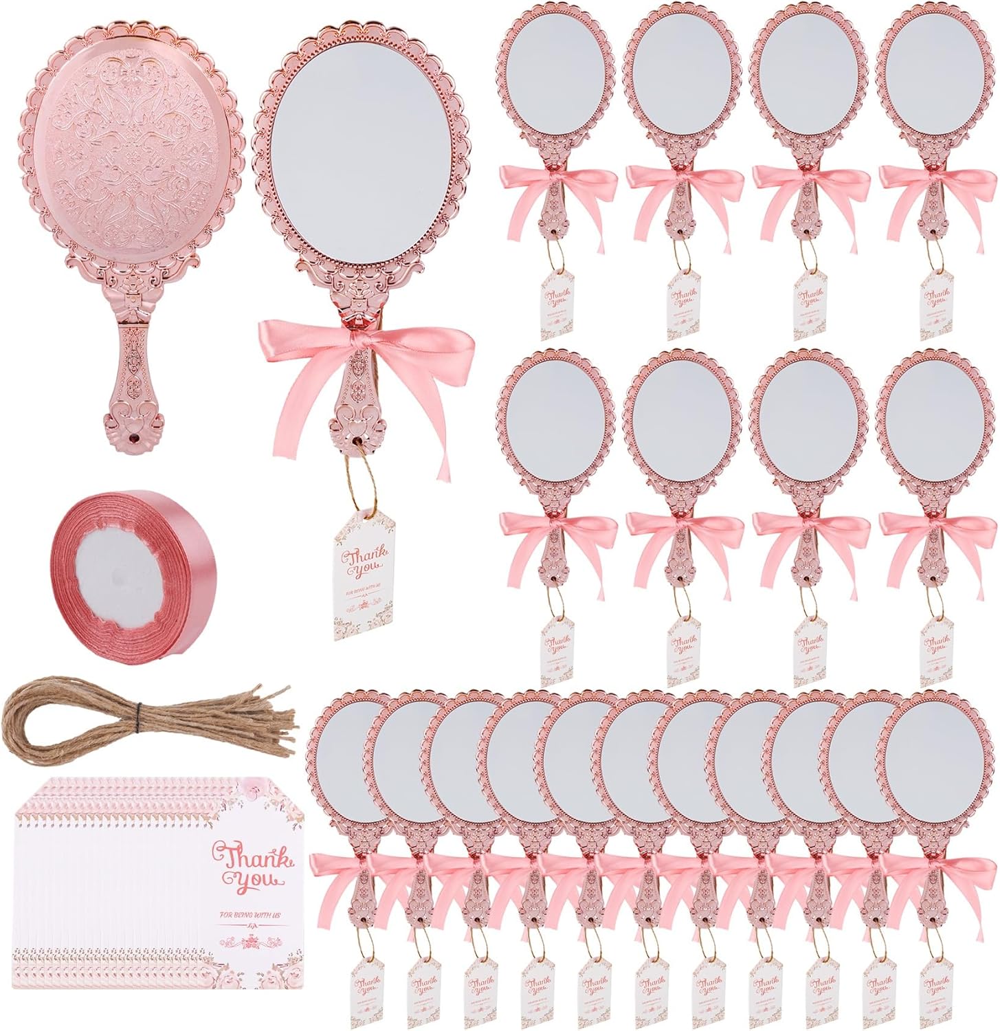 AUEAR, 20 Pack Vintage Handheld Mirror Party Favors with Ribbon and Thank You Tags Jute Twine for Bridal Shower Souvenirs