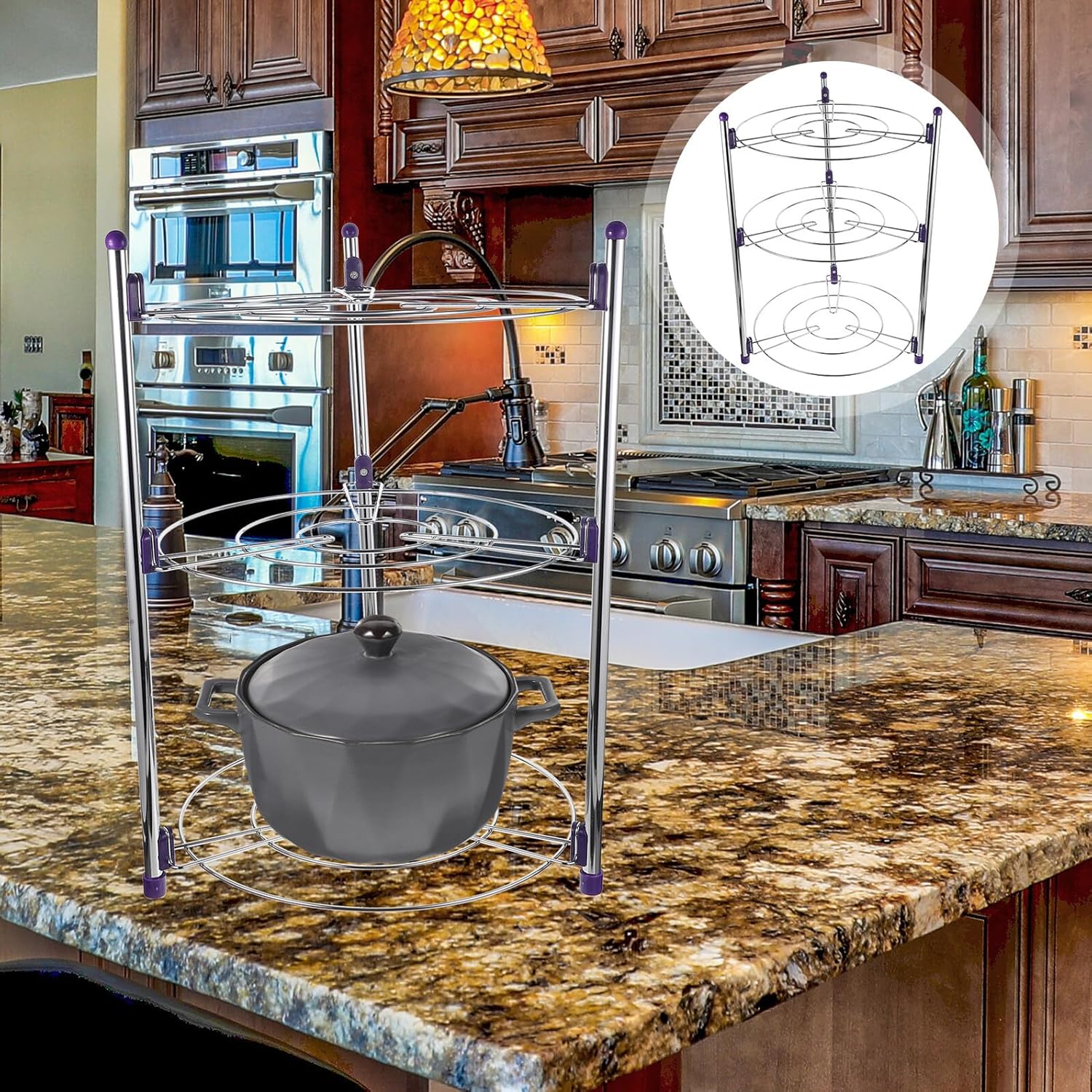 Multi-function Stainless Steel Pot Rack, 3-tier Kitchen Pan Organizer Convenient Storage for Pots and Pans, Floor-standing Rack for Kitchen Cabinet Organization, Silver