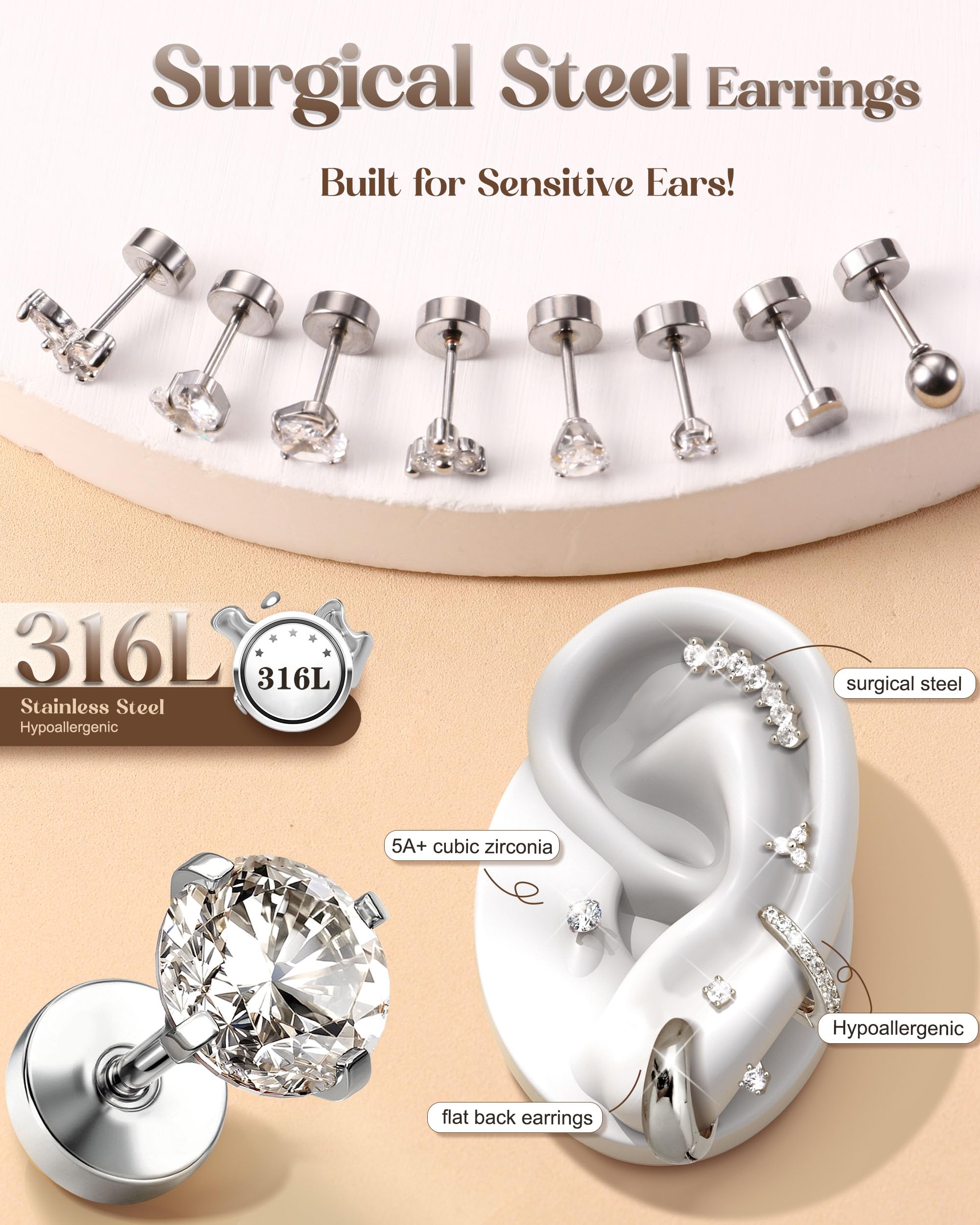 LOLIAS 20 sztuk kolczyków typu helix ze stali chirurgicznej, kolczyki damskie, płaskie, z płaskim zamknięciem, kreolki, kolor złoty, srebrny, conch, helix, tragus, biżuteria do uszu