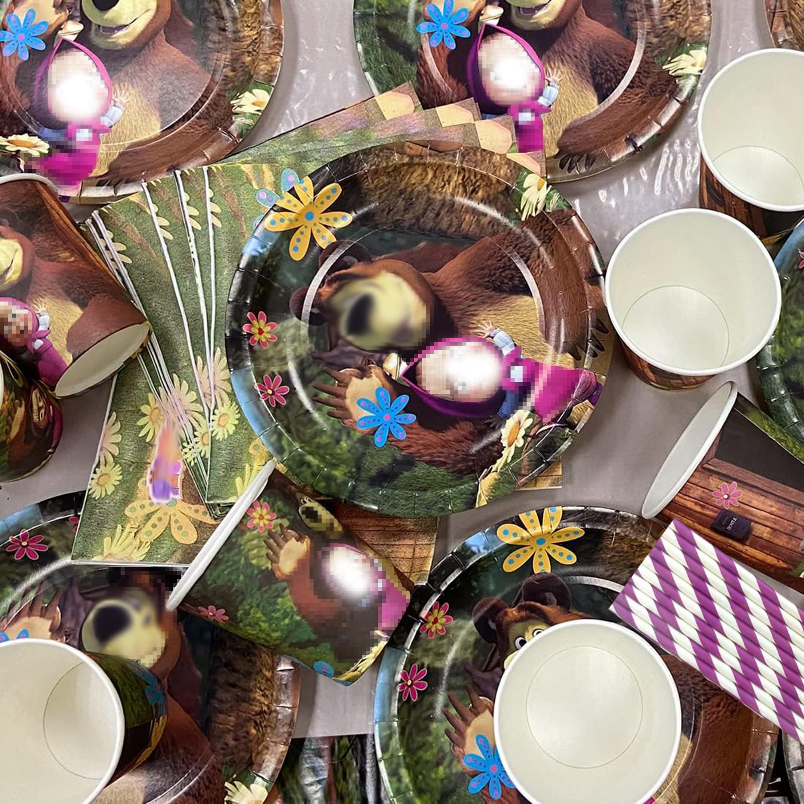 129 Pezzi Stoviglie Compleanno Per 20 Clienti, Orso Compleanno, Addobbi C-ompleanno, Orso C-ompleanno Palloncini Piatti Bicchieri di Carta Tovaglioli Tovaglia