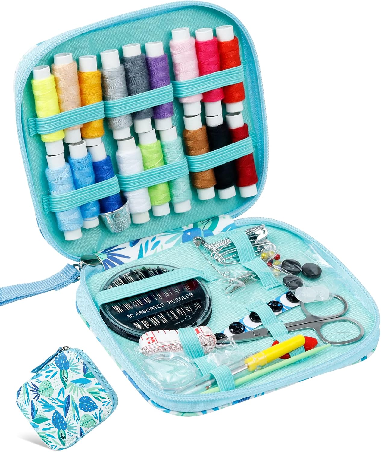 Sewing Kit for Adults with Scissors,Sewing Needles,Thimble,Thread,Tape Measure etc(Blue Leaf Print)