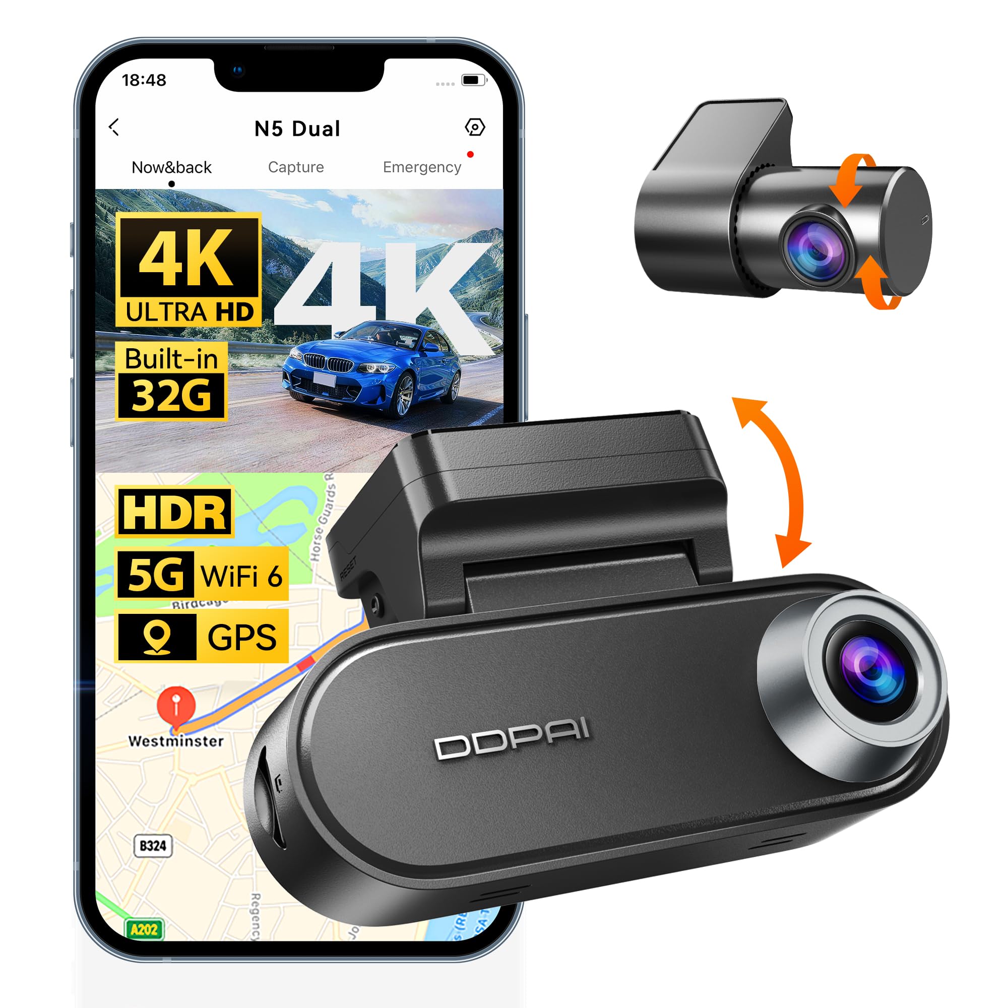 DDPAI 4K Dash Cam for Cars, Front and Rear 2160P+1080P Dashcam Built-in 32G eMMC ADAS 5G WiFi GPS with APP Control 24 Hours Parking Monitor, N5 Dual