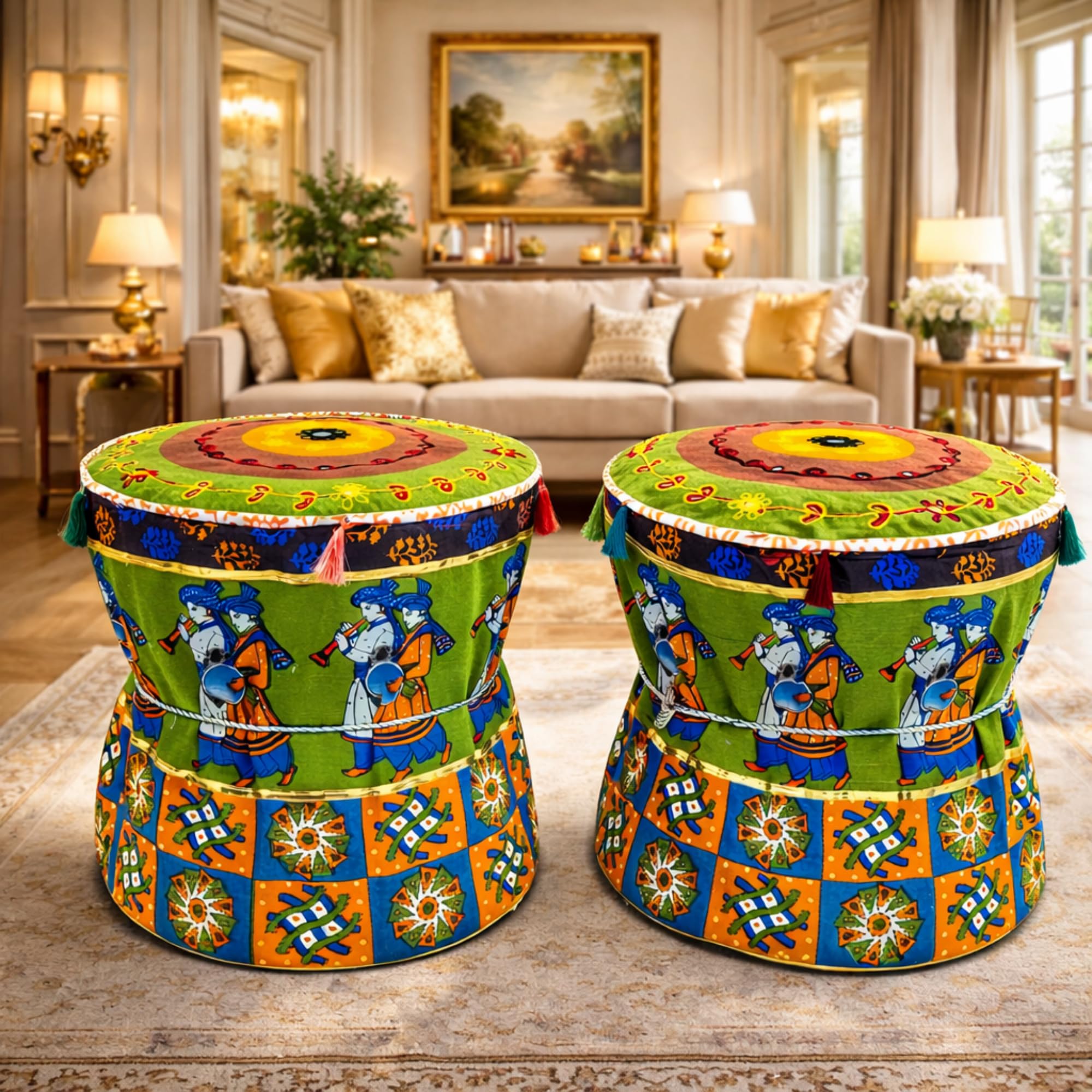 Green Traditional Folk Mudda Boho Pouffe Ottoman Cover Round Mandala Print Cotton Footstool Set of 2 Pieces Muda Cover ONLY-image-28