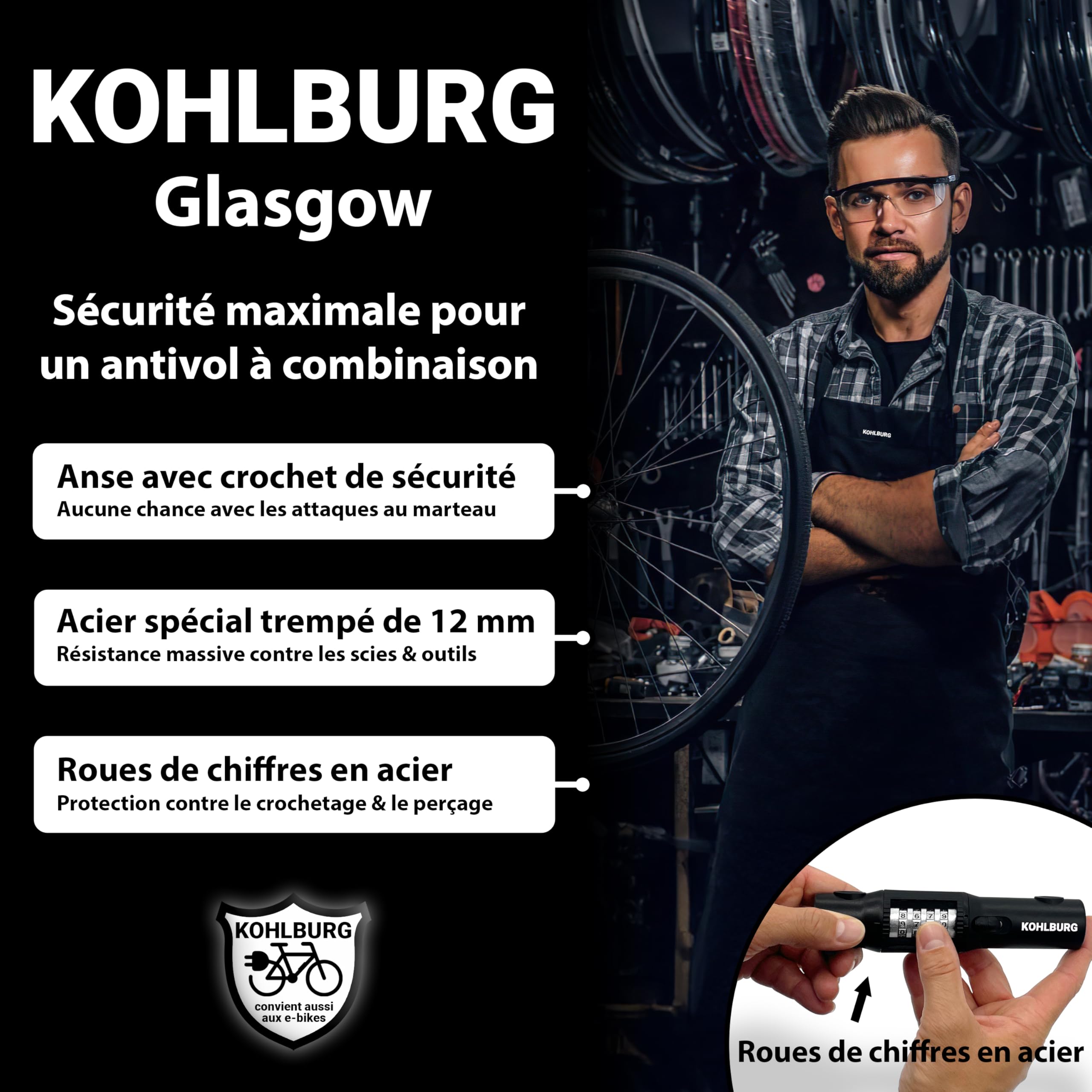 KOHLBURG Antivol en U, avec serrure à combinaison pour vélo, avec support | Antivol en U avec code, Serrure à combinaison vélo - haute sécurité pour vélo électrique - noyau en acier de 12 mm