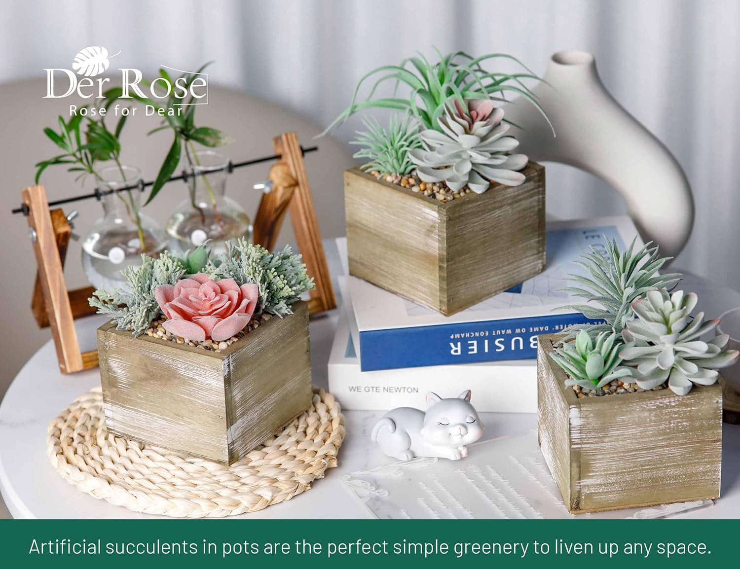 Der Rose Set of 3 Succulents Plants Artificial Fake Plants in Wood Pots with Pink Fake Flowers for Farmhouse Bathroom Desk Sheif Decor
