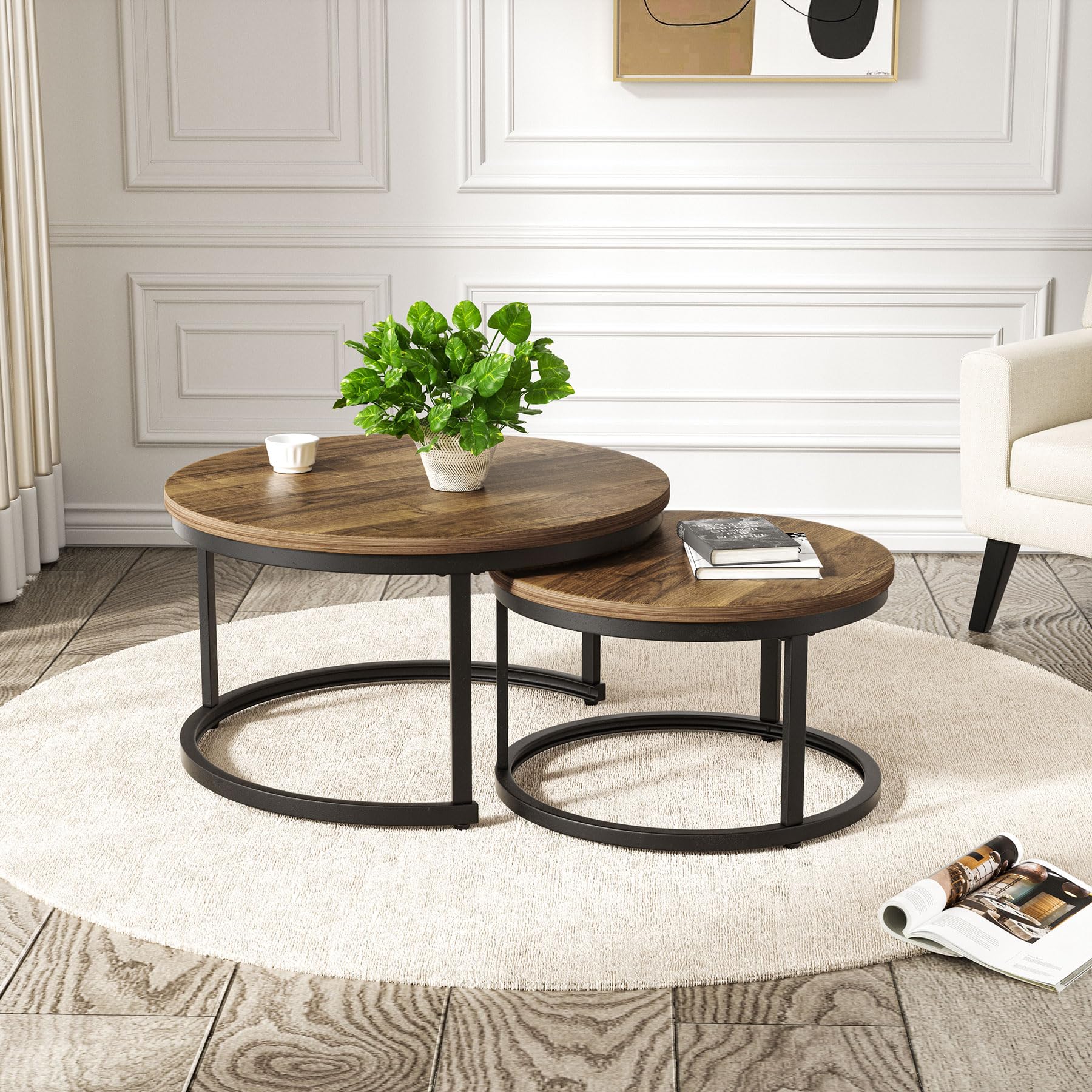 Hawthyhome Coffee Tables, Round Nesting Tables Tet of 2, Modern Side Tables with Metal Frame, Industrial Stacking End Tables for Living Room Bedroom Office, 60 * 60 * 45cm, Brown — image 1