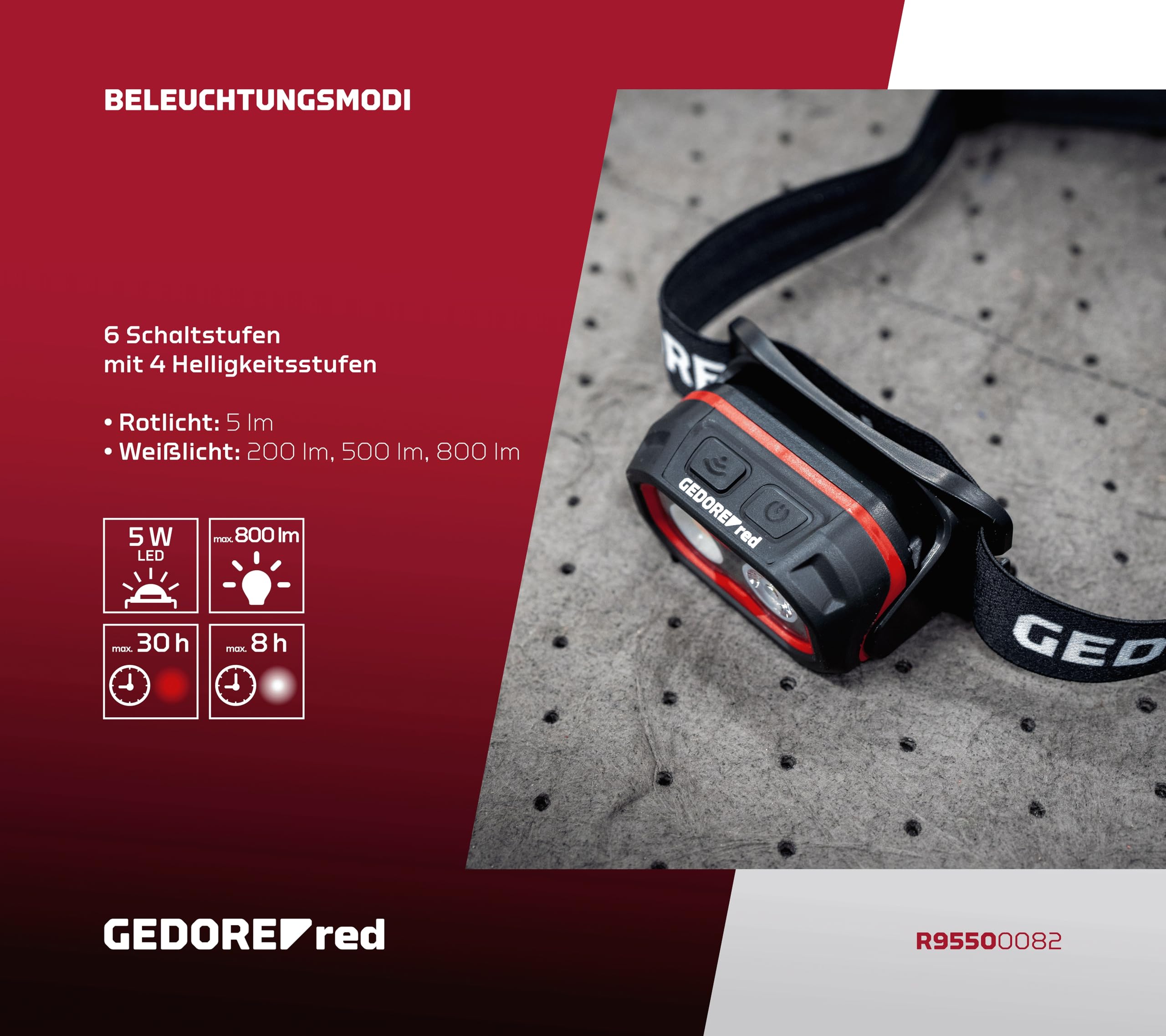 GEDORE Czerwona lampa czołowa LED, do ponownego ładowania z akumulatorem litowo-jonowym, 800 lumenów, regulacja ostrości i bezstopniowe ściemnianie, zasięg świecenia do 69 m, z czerwonym światłem
