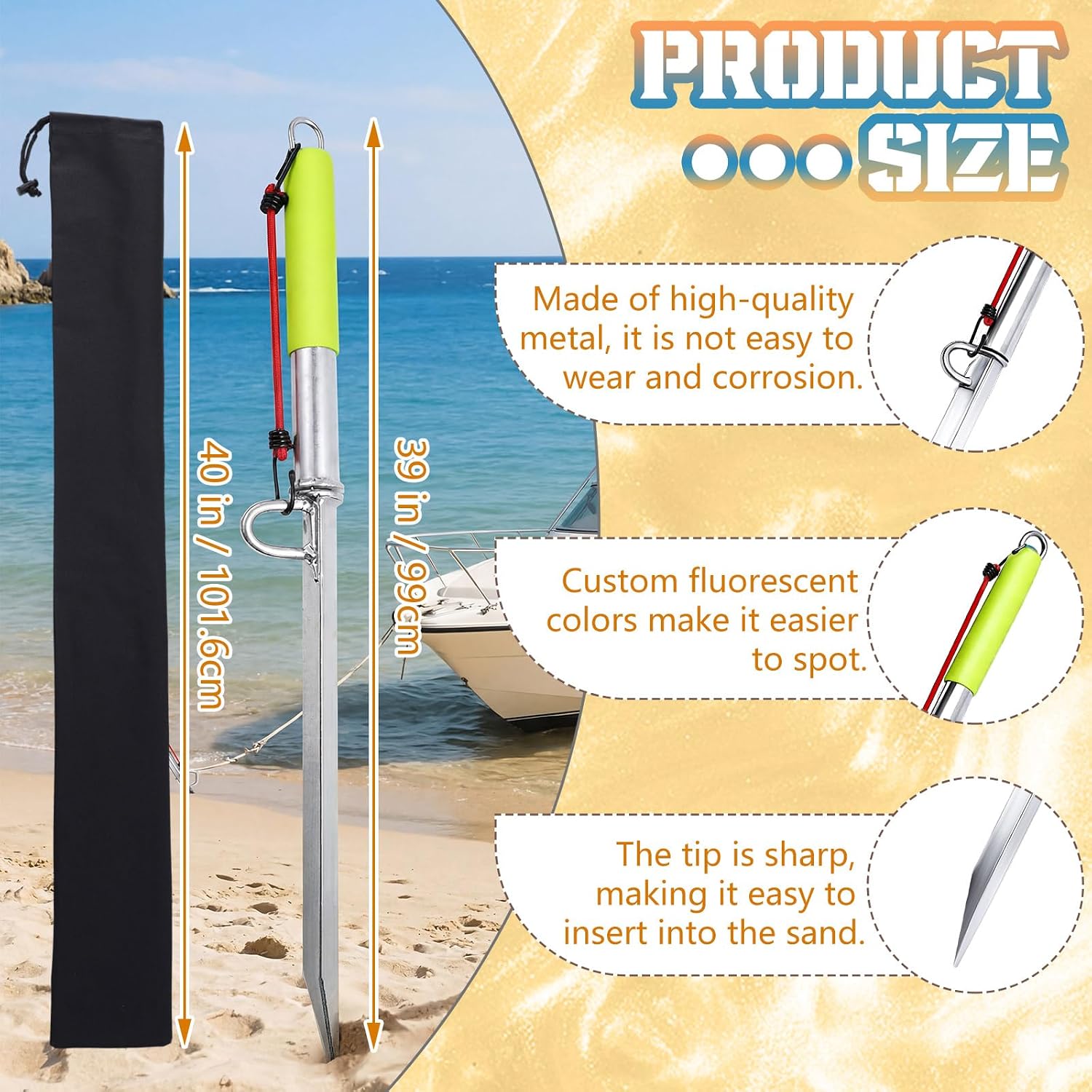 39 Inch Sand Spike Boat Anchor with Neon Green Handle Self Hammering Beach Spike Anchor for Small Boats, Jet Skis, and Kayaks for Shallow Water Shore, Sandbar, Beaches