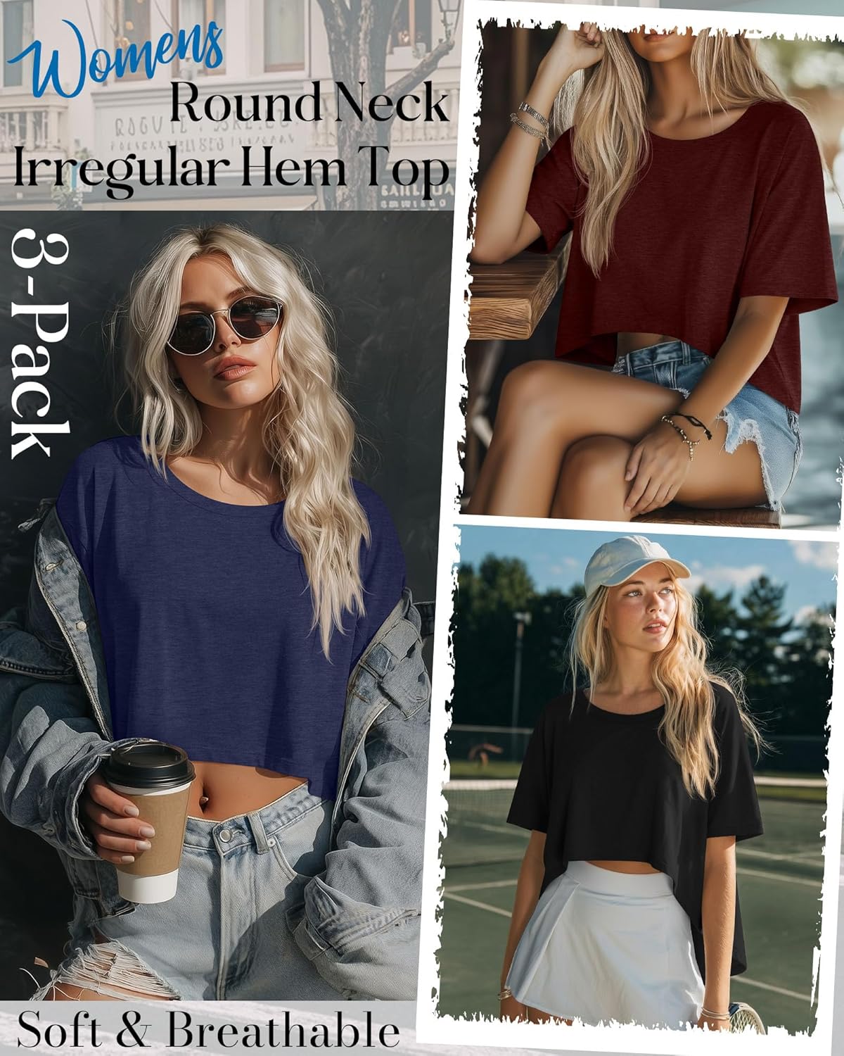 Huukeay 3 Pack Women's Oversized Cropped T Shirts Short Sleeve Loose Summer Crop Tops Casual Crewneck Irregular Hem Baggy Tee - Image 2