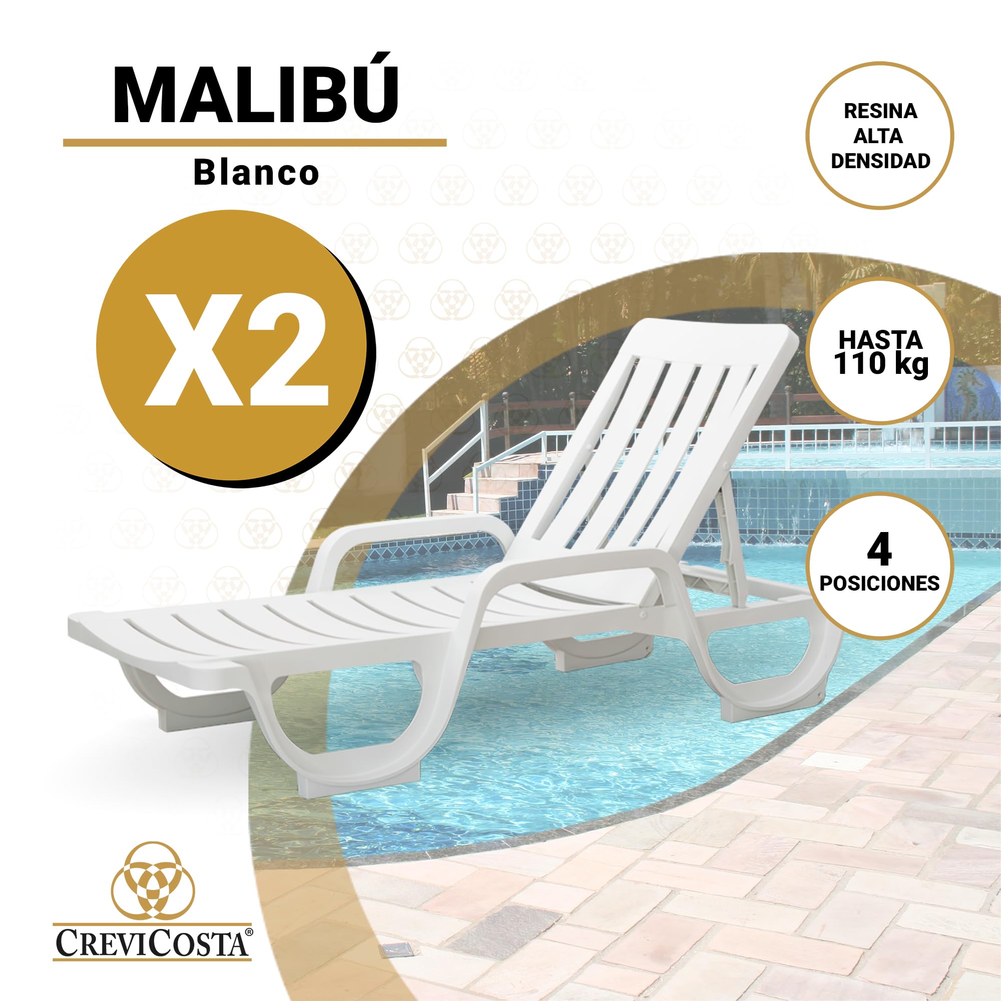 CREVICOSTA QUALITY MARK MARCAS DE CALIDAD - MALIBÚ - Lote de 2 Tumbonas de Resina para jardín y Piscina (Blanca)