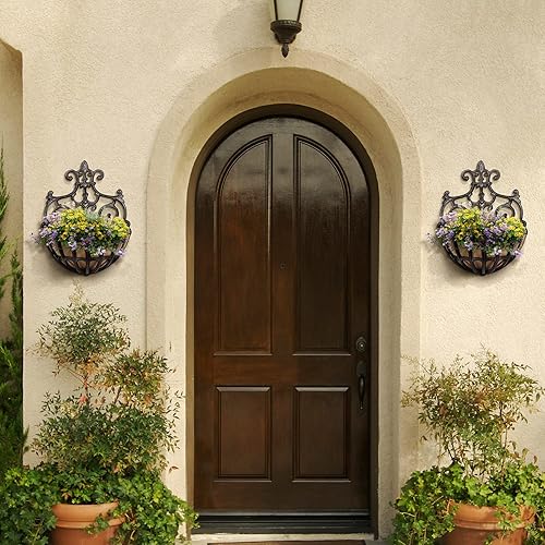 Miniatura 7 de Sungmor 2 cestas pequeñas de hierro fundido, maceta hueca resistente para colgar en la pared con forro de tela, soporte para plantas de pared media