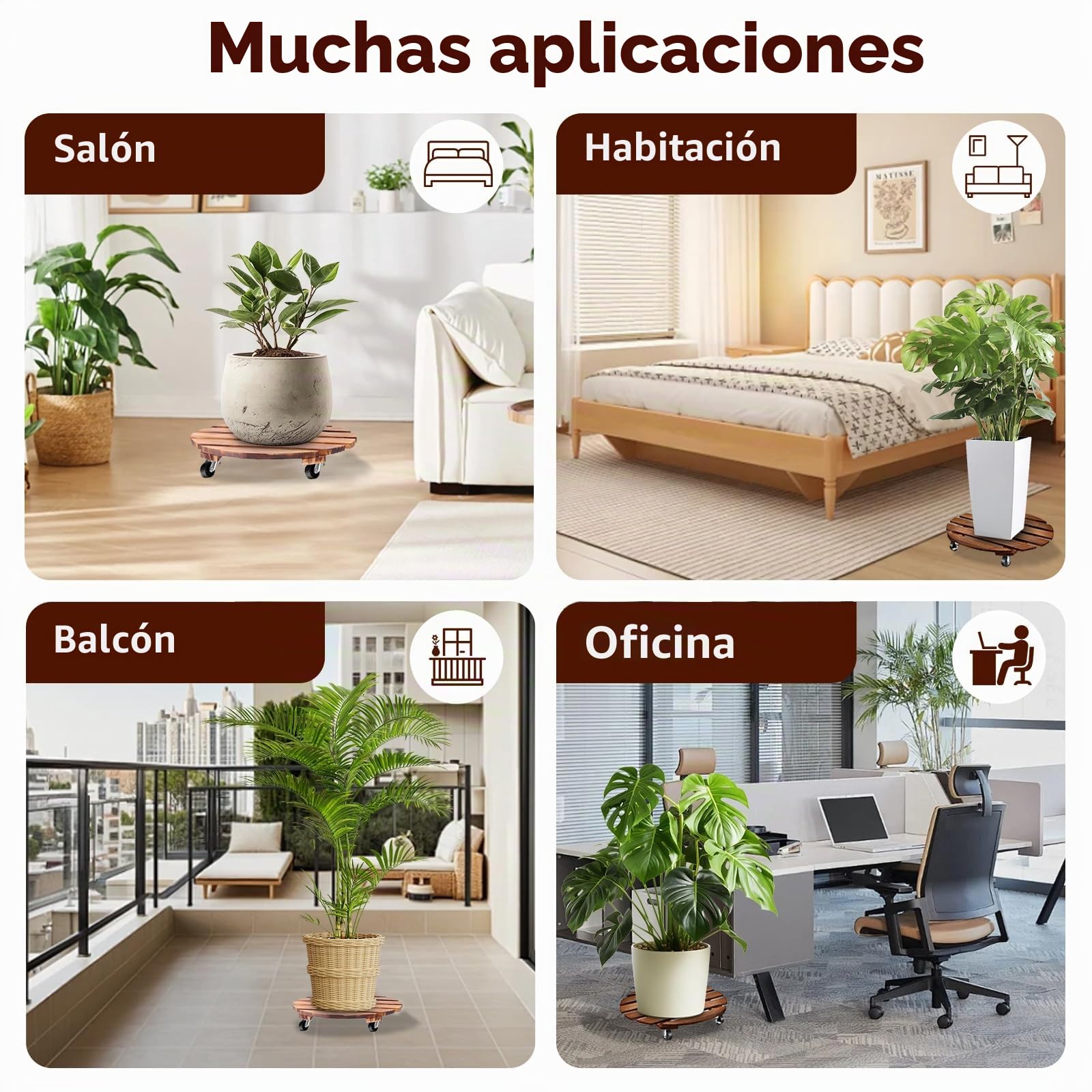 Juego de 2 Soportes para Plantas con Ruedas, Base Redonda de Madera de 30.5 cm, con Ruedas giratorias y bloqueables, Plantas Base Carretilla para Plantas, Interior Exterior Jardín Maceta
