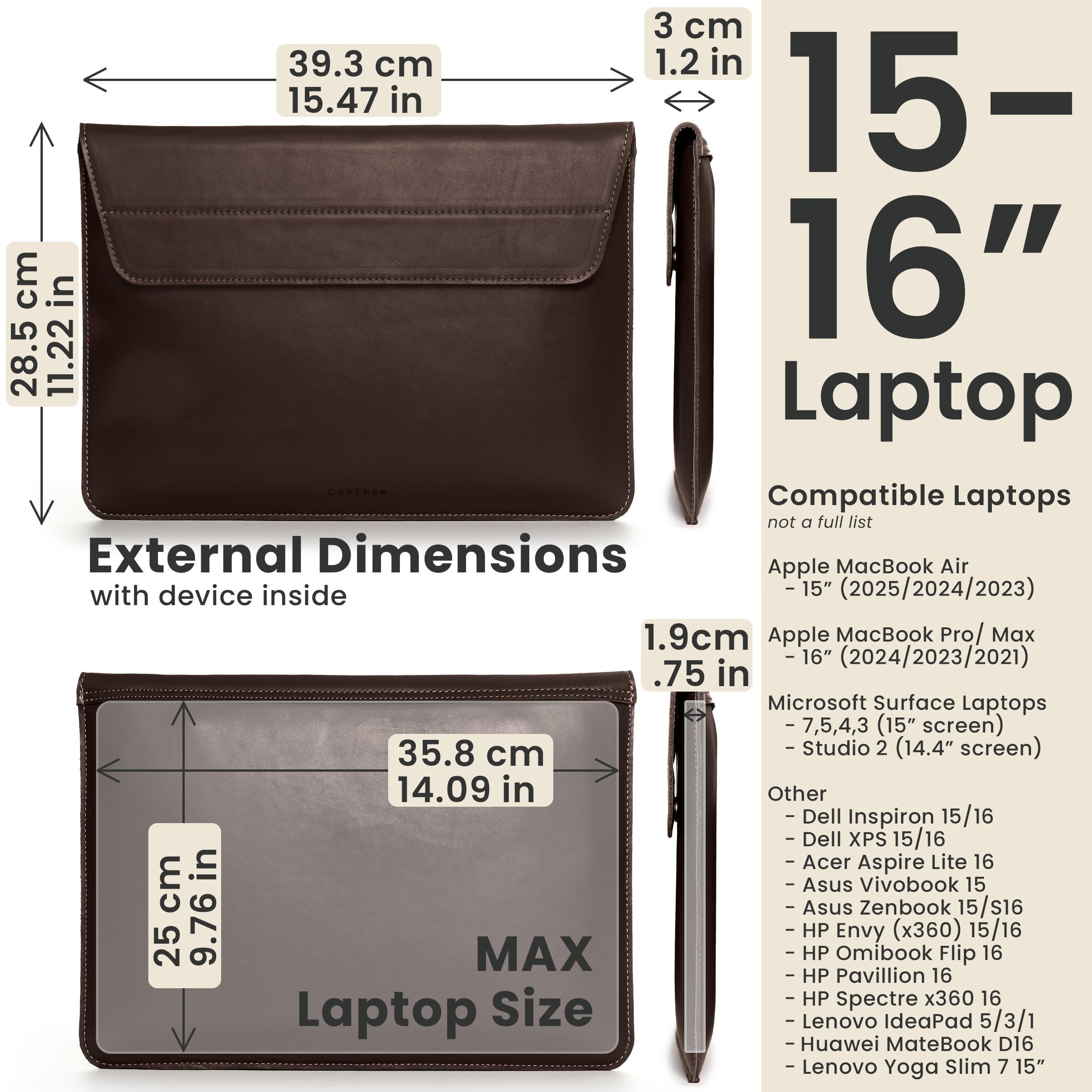 Funda de piel auténtica de grano completo para laptop de 13, 14, 15 y 16 pulgadas, con soporte integrado y acolchado (para MacBook Air/Pro y otros portátiles de 13.3/13.6/14.2/15.6 pulgadas
