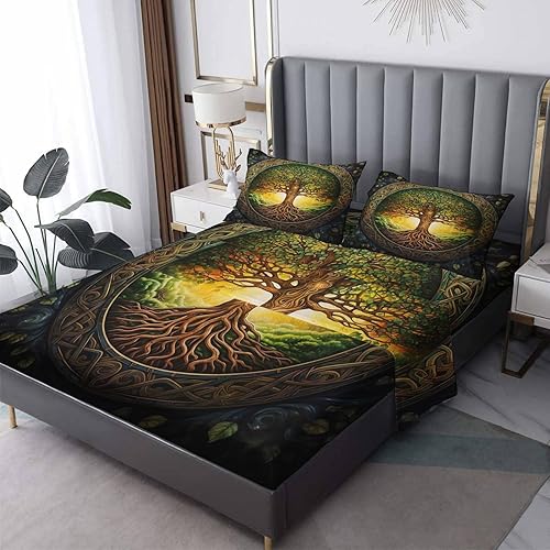Miniatura 1 de zcsm Tree of Life Sábanas tamaño Queen  Sábanas de cama Viking, microfibra suave y bolsillo profundo, sábanas y fundas de almohada estampadas sin