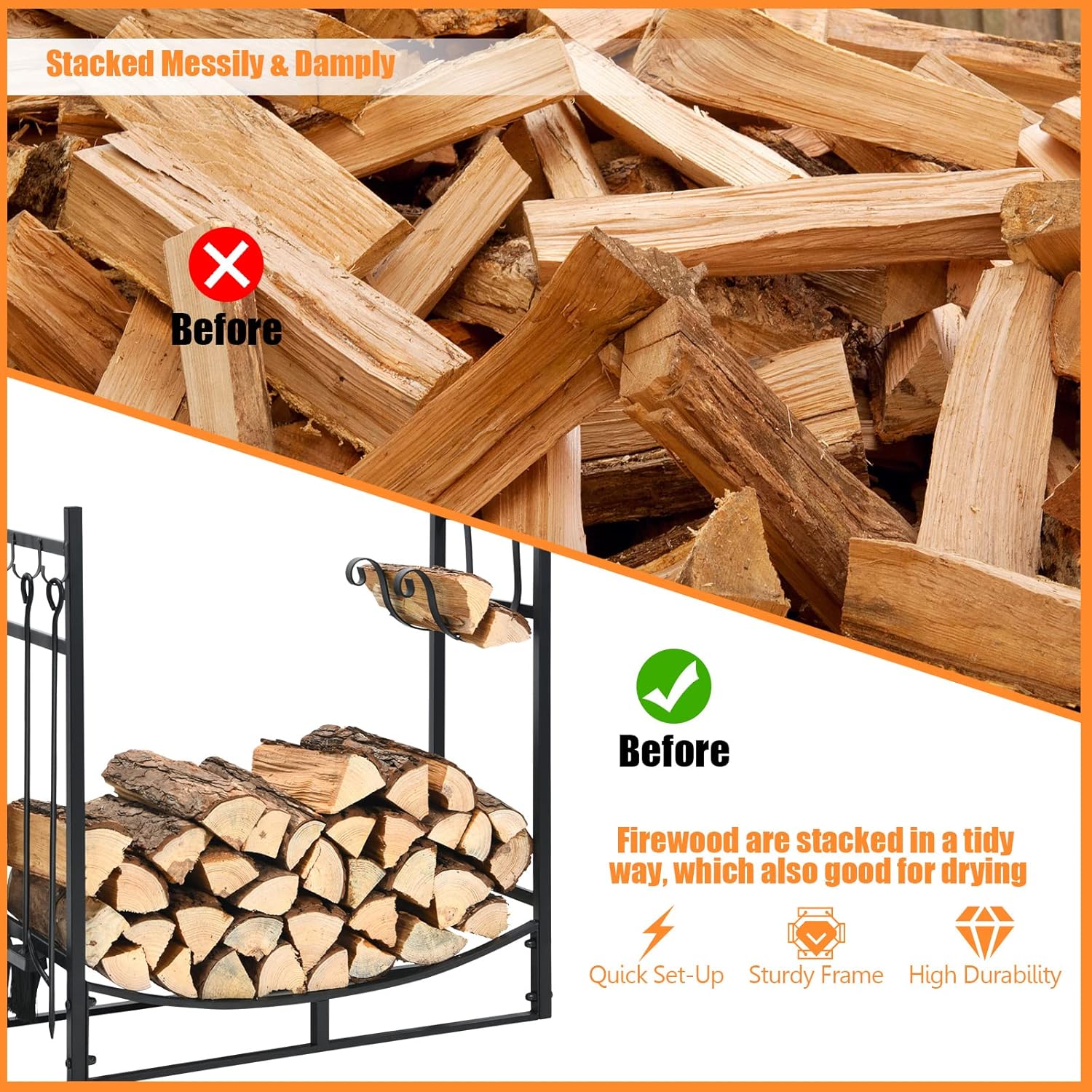 DORTALA 30" Firewood Rack for Outdoor/Indoor, Easy Set-up Fire Wood Rack w/Kindling Holders, Shovel, Poker, Tongs, Brush, Wood Storage Firewood Rack for Wood Stove, Fire Pit