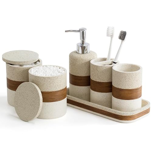 YMXYJM 6-Piece Resin Bathroom Accessories Set, Beige | Includes dispenser,