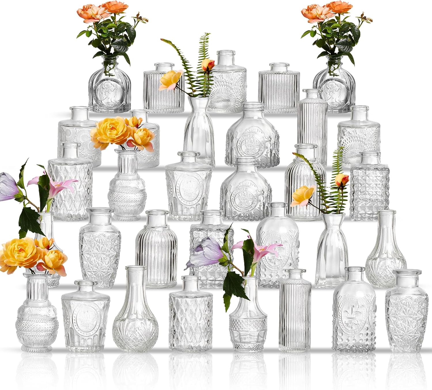 Glass Bud Vases Set of 32 – Assorted Small Mini Glass Vases for Flowers, Crystal Vintage Vase Set, Bulk Centerpieces for Table Décor, Wedding, Home and Events (Clear, 32 Pcs)