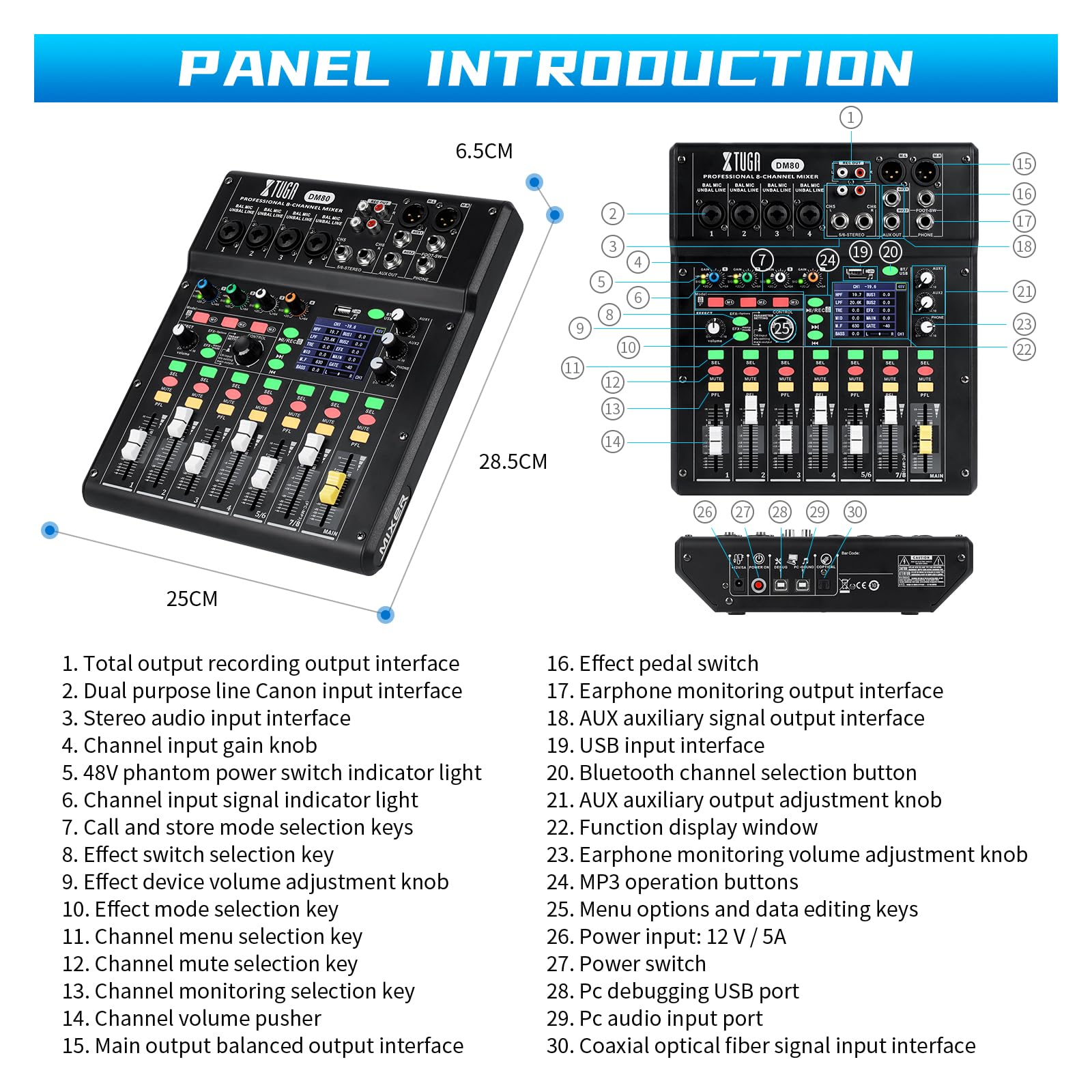 XTUGA Mixer digitale a 8 canali, multitraccia con mixer alimentato (DM80) | Qualità da studio, 24 bit/48 kHz, mixer DJ per live streaming/home studio/produzione musicale/podcast