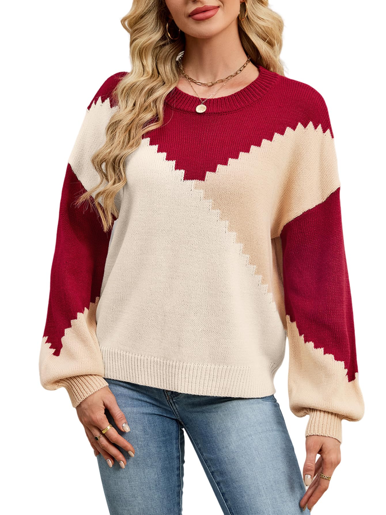 SunnyMelody Womens Oversized Color Block Crew Neck Sweater Fall 2025 Trendy Ribbed Knit Long Sleeve Pullover Tops