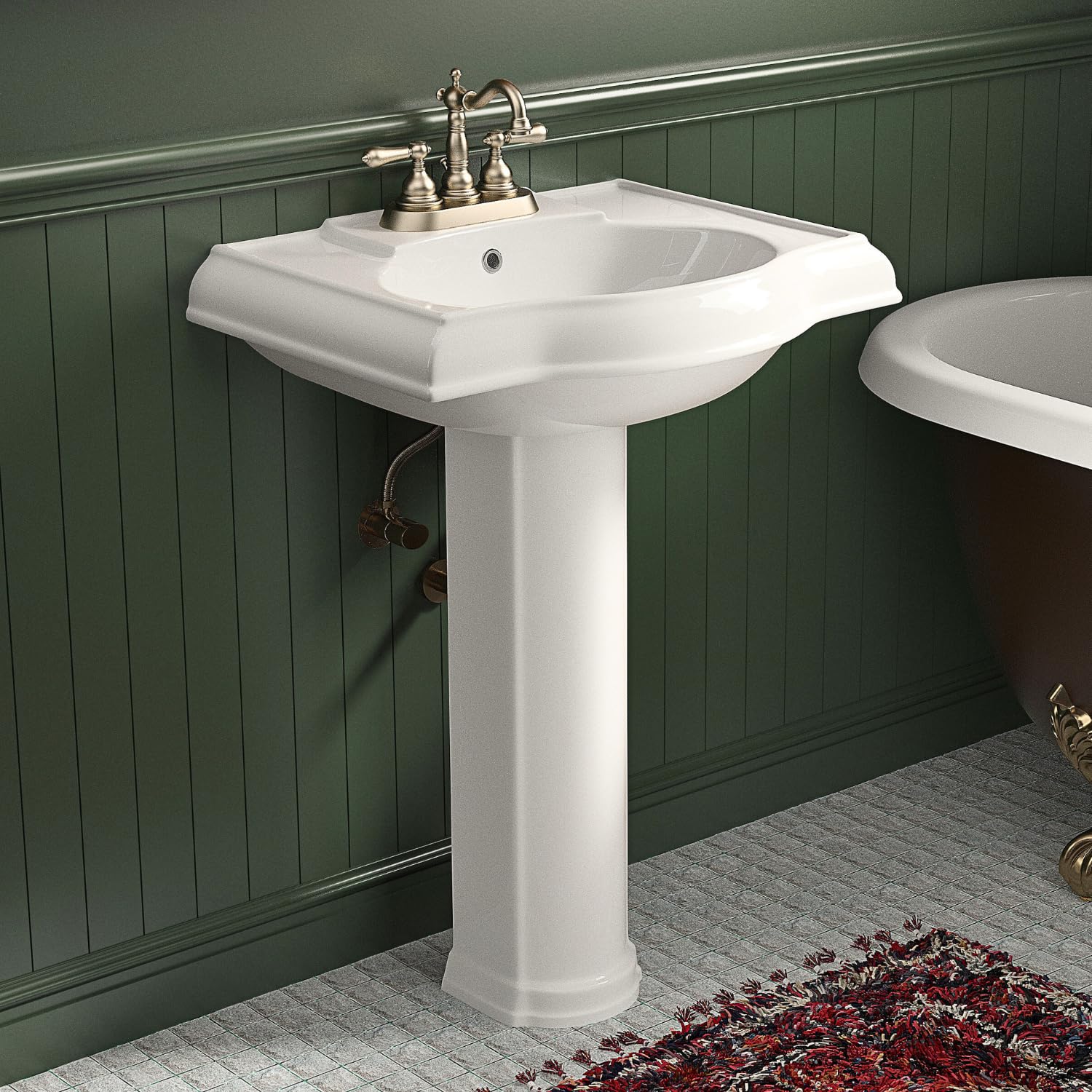 24"W x 19"D White Ceramic Pedestal Bathroom Sink with Overflow, Vintage Rectangular Floor Mounted Basin with 3 Faucet Holes 4" Centerset, Suited for Small Bathrooms