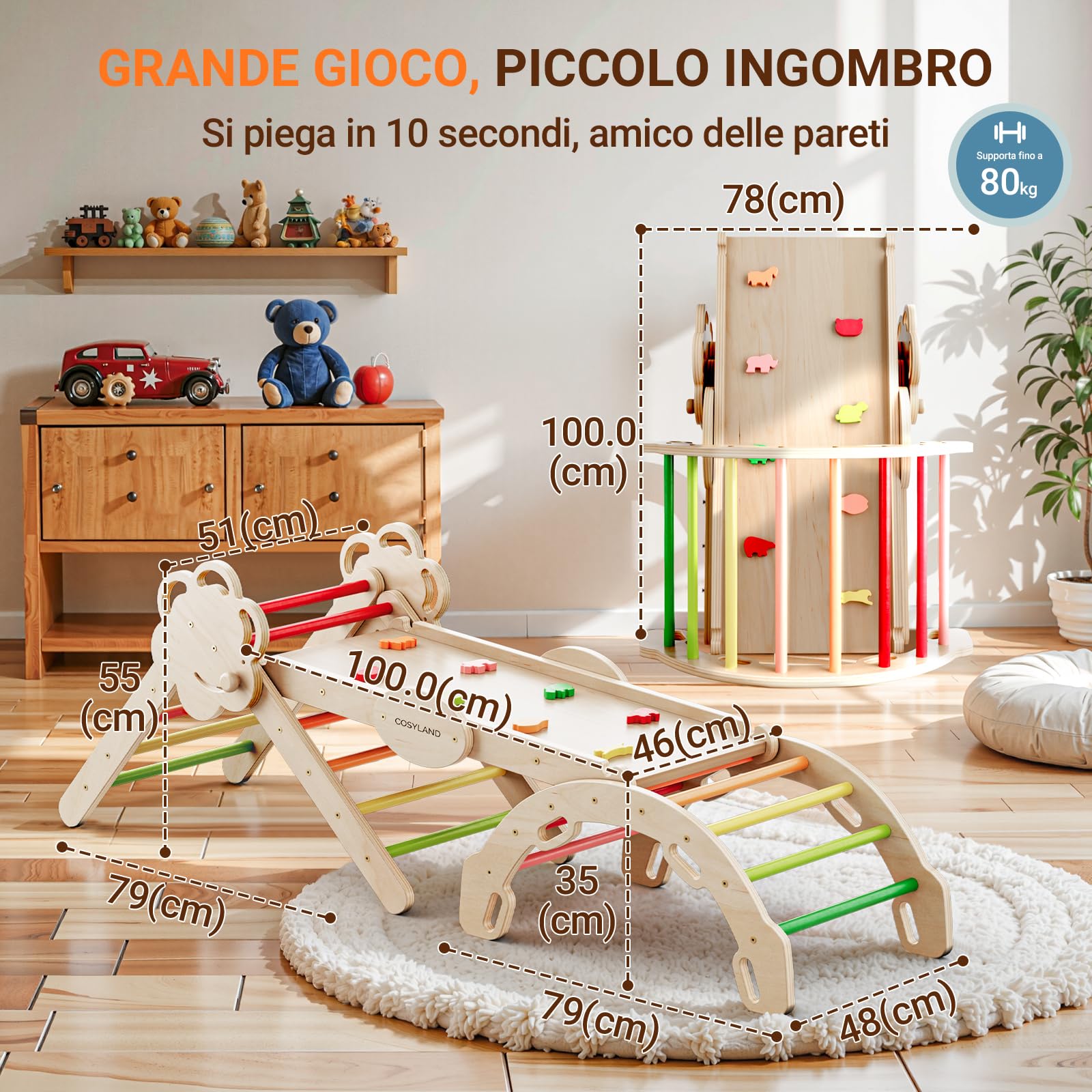 COSYLAND Set Arrampicata per Bambini 8-in-1, L, Colori Caldi | Con triangolo da arrampicata, arco educativo, scivolo e rampa, struttura pieghevole salvaspazio, adatto da 18 mesi-6 anni